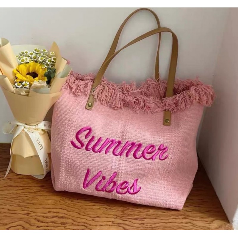 TORBA PLAŻOWA , na zakupy duża i pojemna z frędzlami BOHO, róż TP11R - obrazek 5