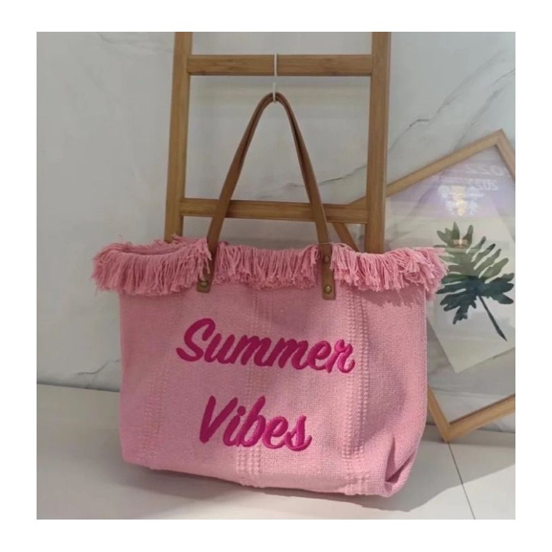 TORBA PLAŻOWA , na zakupy duża i pojemna z frędzlami BOHO, róż TP11R - obrazek 6