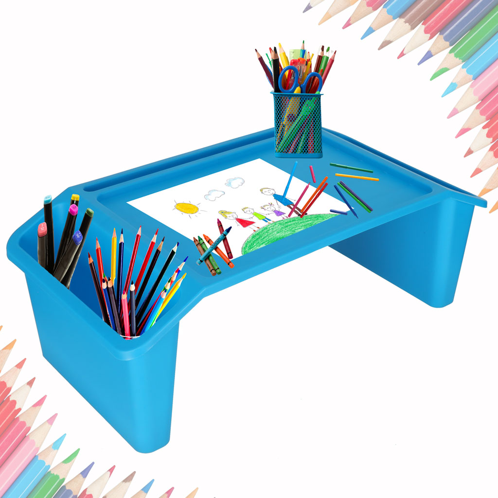 Stolik pod laptopa z organizerem podróżny samochodowy dla dzieci z kieszeniami śniadaniowy podstawka przenośny stabilny niebieski - obrazek 7