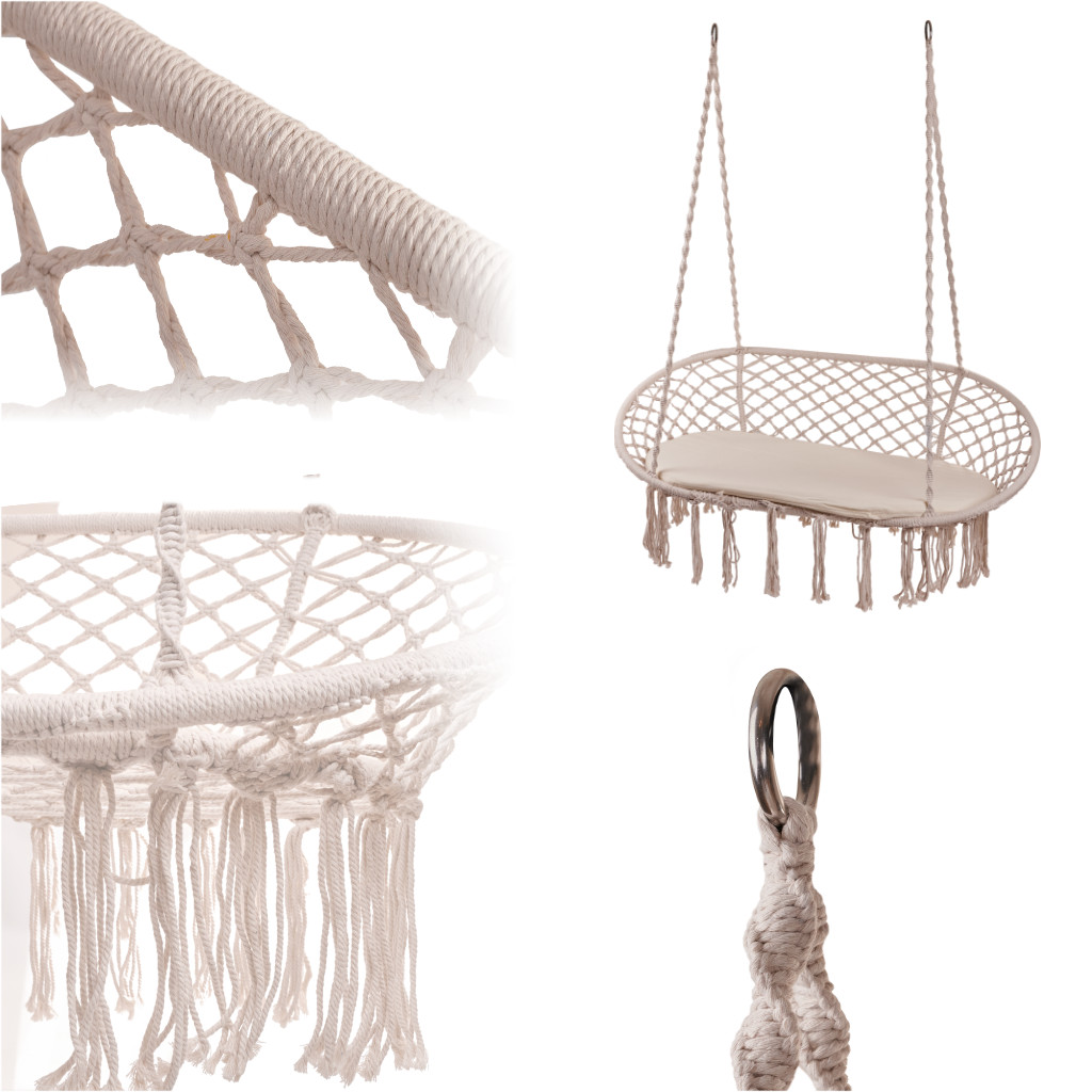 Huśtawka bocianie gniazdo podwójne dwuosobowe z frędzlami beż + poduszka 240kg - obrazek 3