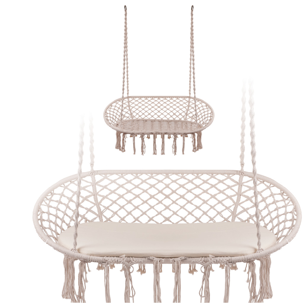 Huśtawka bocianie gniazdo podwójne dwuosobowe z frędzlami beż + poduszka 240kg - obrazek 5