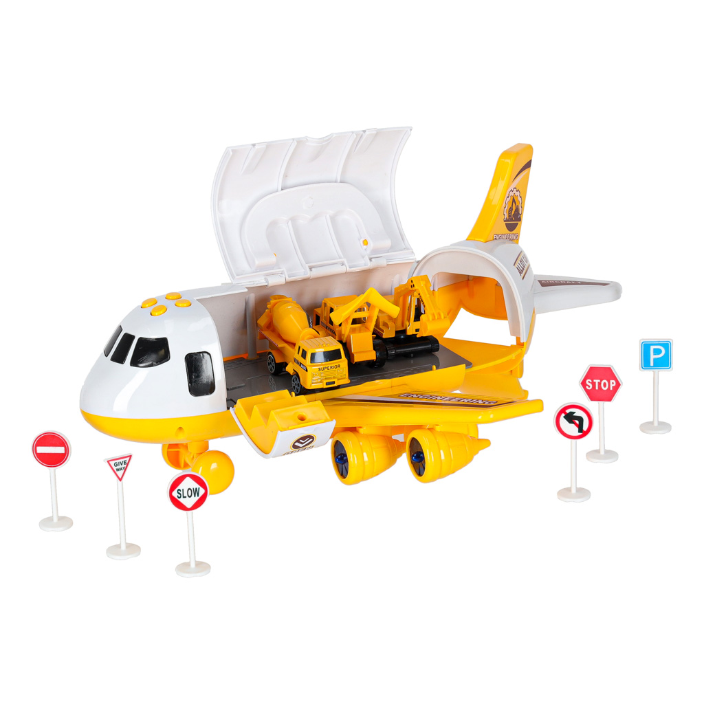 Transporter samolot rozkładany z autami + 3 auta pojazdy budowlane światła dźwięk - obrazek 5