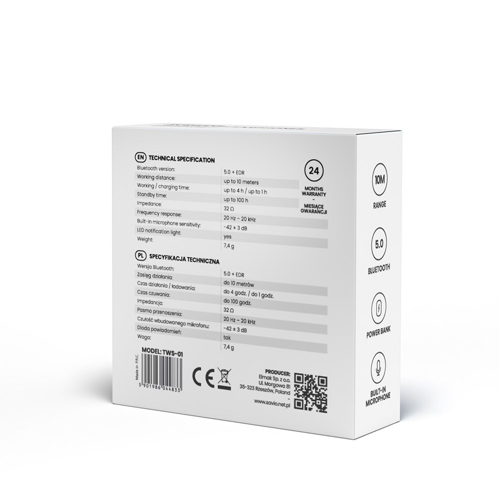 Słuchawki bezprzewodowe SAVIO TWS-01 (douszne; bezprzewodowe, Bluetooth; z wbudowanym mikrofonem; kolor biały - obrazek 3