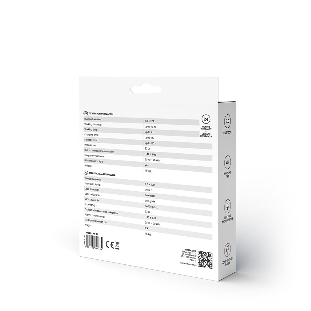 Słuchawki bezprzewodowe, z mikrofonem, ze słuchawkami SAVIO WE-03 (dokanałowe, sportowe; bezprzewodowe, Bluetooth; z wbudowanym mikrofonem; kolor czarny - obrazek 3