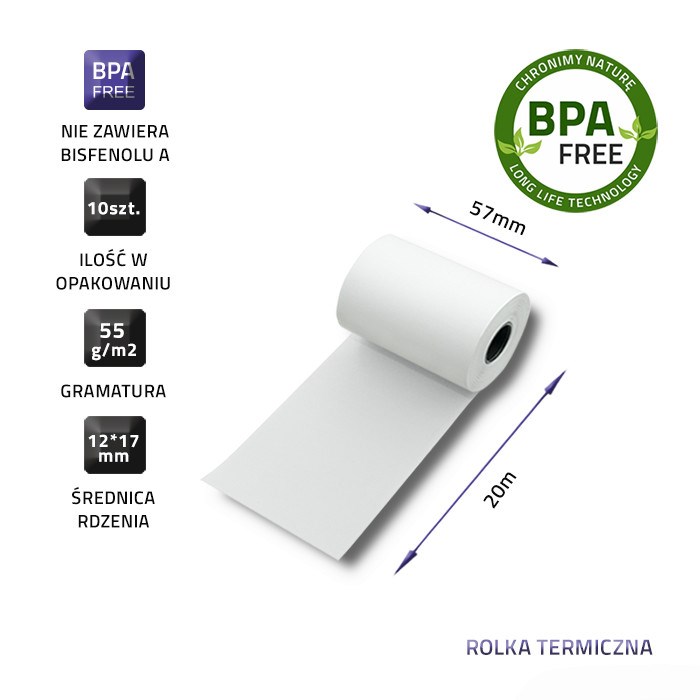 QOLTEC ROLKA TERMICZNA 57X20 | 55G/M2 | 10SZT | BPS FREE - obrazek 4