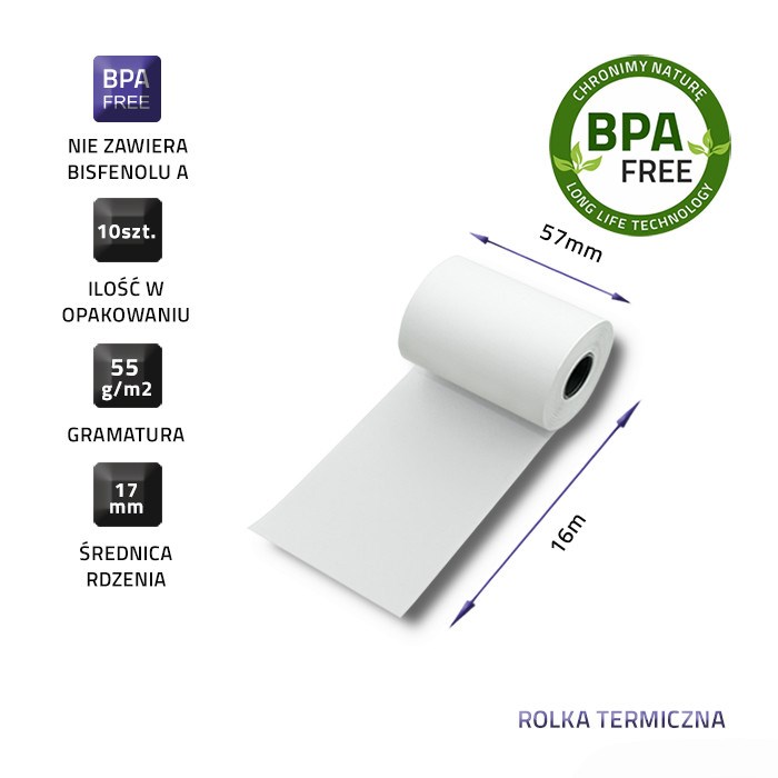 QOLTEC ROLKA TERMICZNA 57X16 | 55G/M2 | 10SZT | BPA FREE - obrazek 4