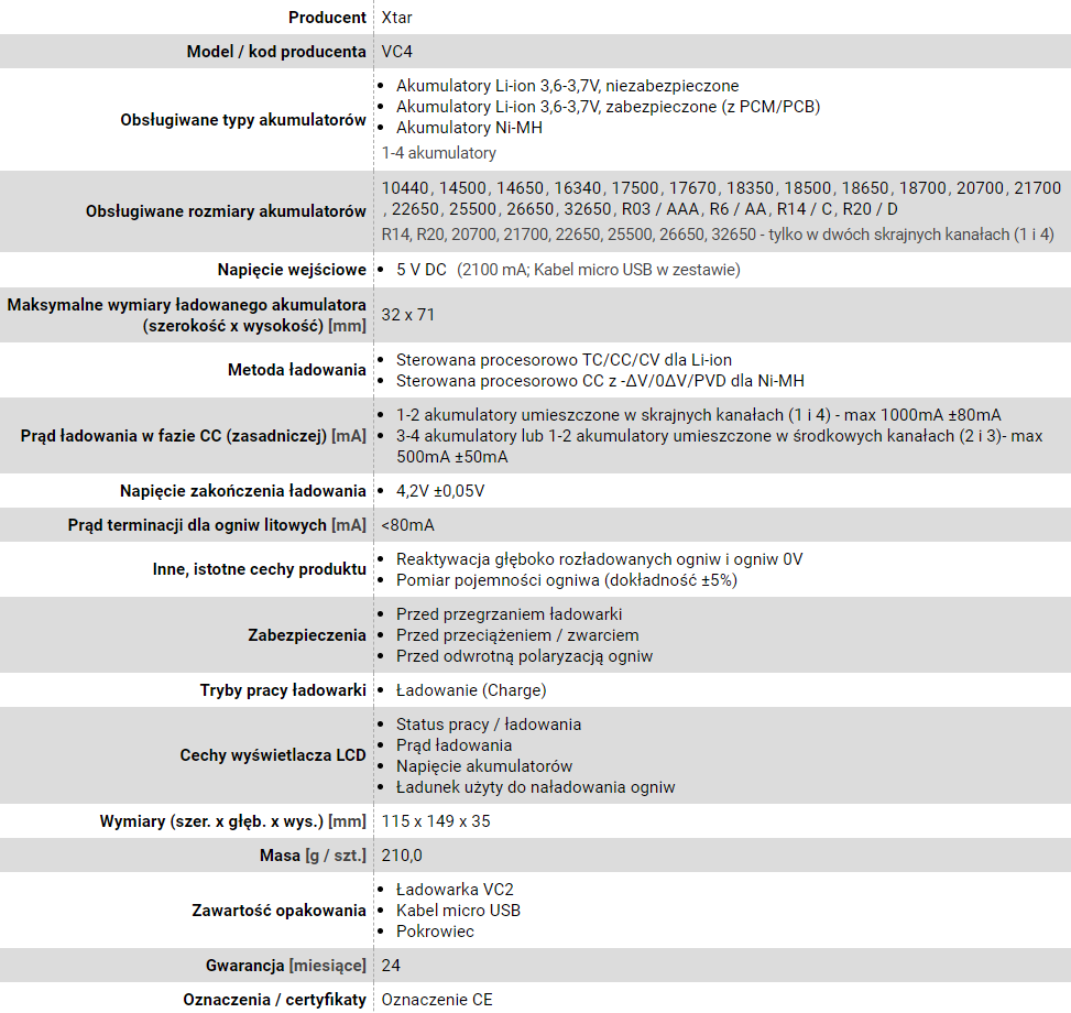 XTAR ŁADOWARKA DO AKUMULATORÓW CYLINDRYCZNYCH LI-ION VC4 - obrazek 4