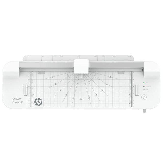 HP Laminator ONELAM COMBO A3, na zimno/gorąco, zintegrowany trymer, zaokrąglacz rogów, prędkość 40cm/min + 15 folii: 3xA4, 4xA5, 4xA6, 4xB-CARD, biały - obrazek 3