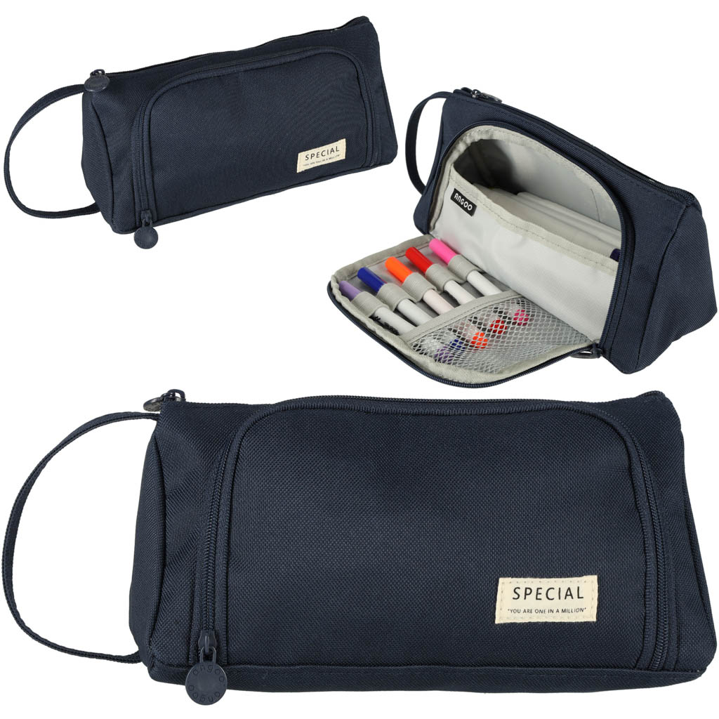Piórnik szkolny dwukomorowy saszetka kosmetyczka rozkładany 3w1 granatowy - obrazek 3