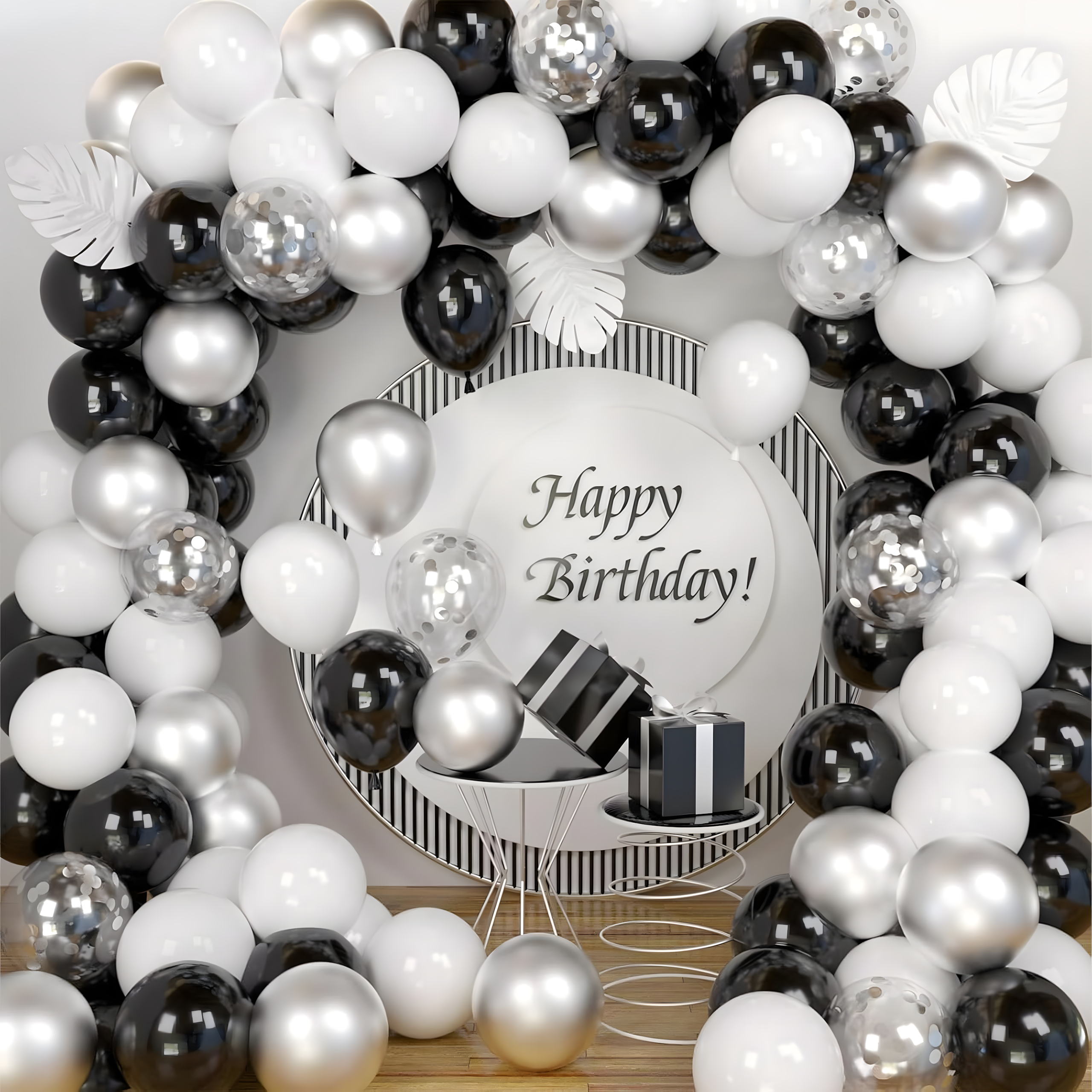 Girlanda Balonowa Zestaw Balonów na Urodziny Czarne Srebrne Białe 107 ele - obrazek 10