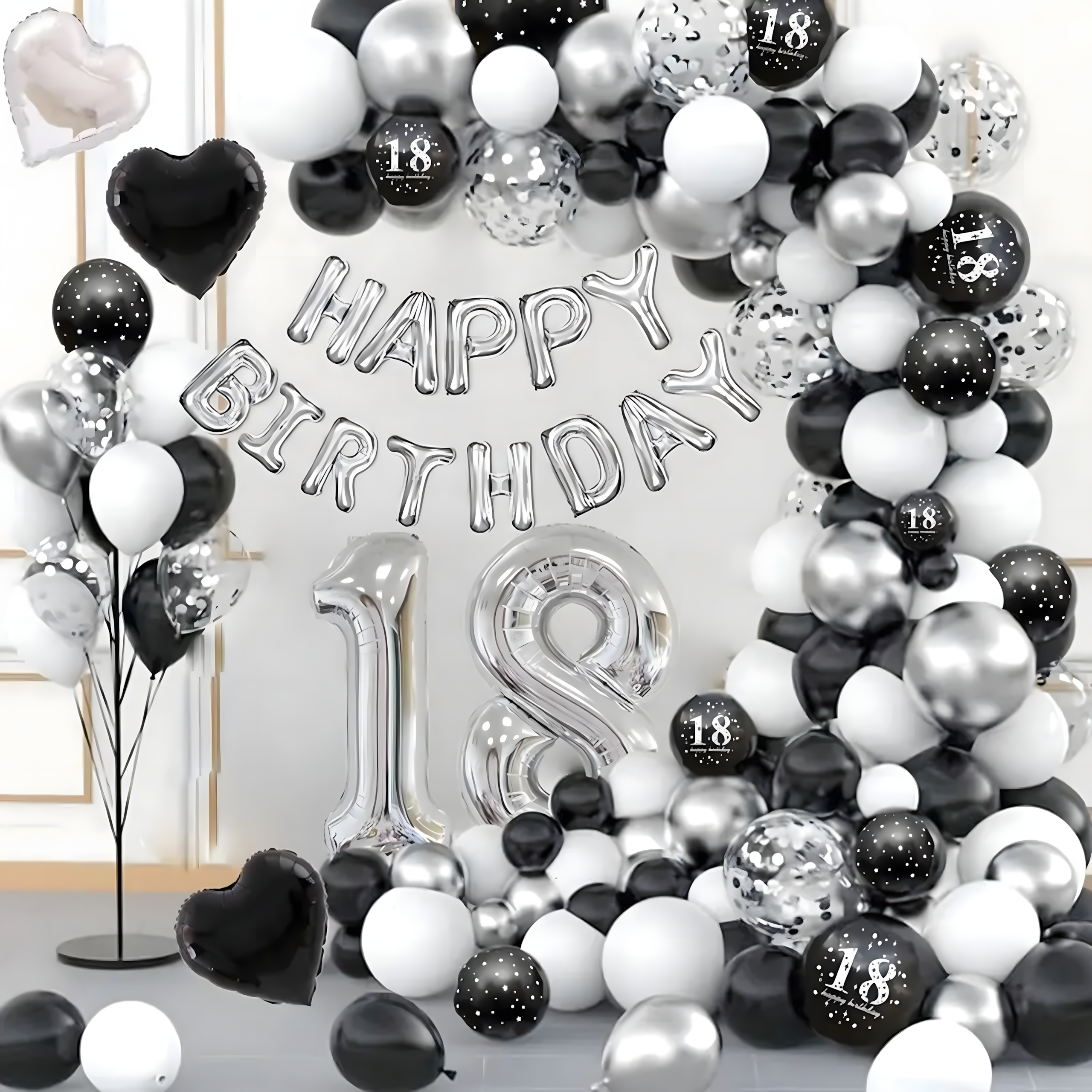 Girlanda Balonowa Zestaw Balonów na Urodziny Czarne Srebrne Białe 107 ele - obrazek 11