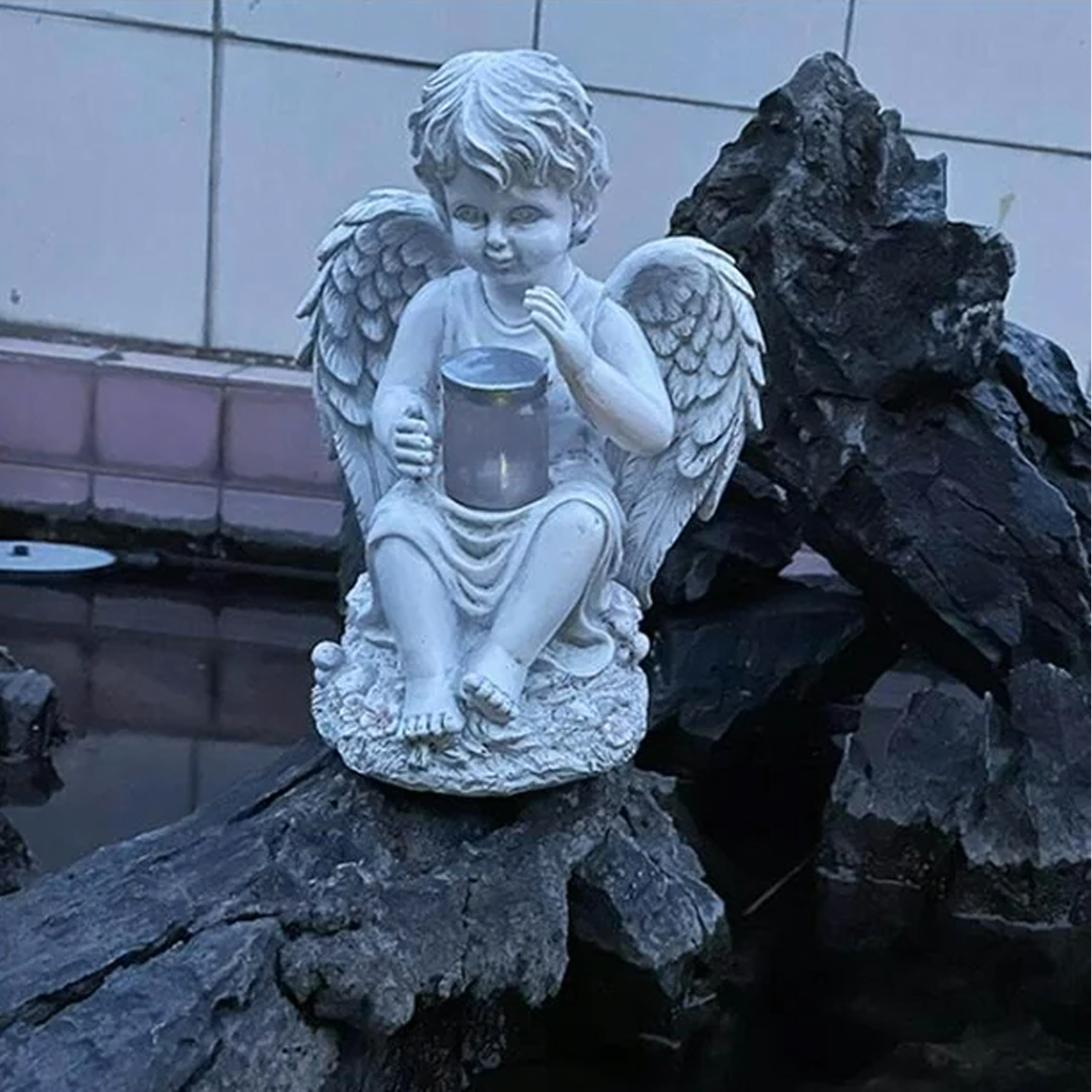 Figurka Świecznik Dekoracja Posążek Aniołek Solarny Led Ogrodu na Grób 18cm - obrazek 10