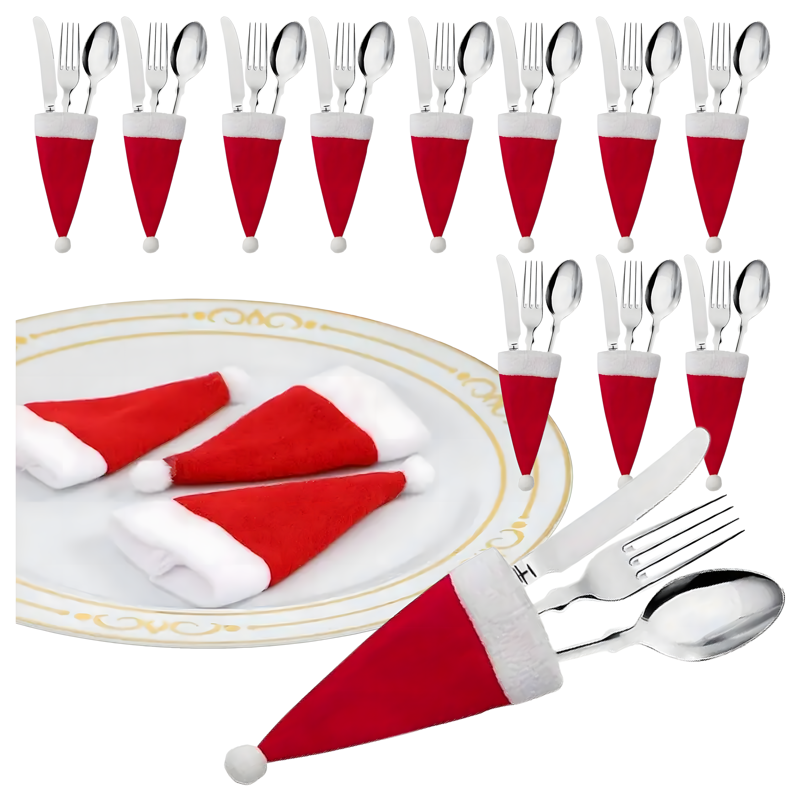 12x Etui na Sztućce Świąteczne Pokrowce Pokrowiec na Święta Czapka Mikołaj - obrazek 3