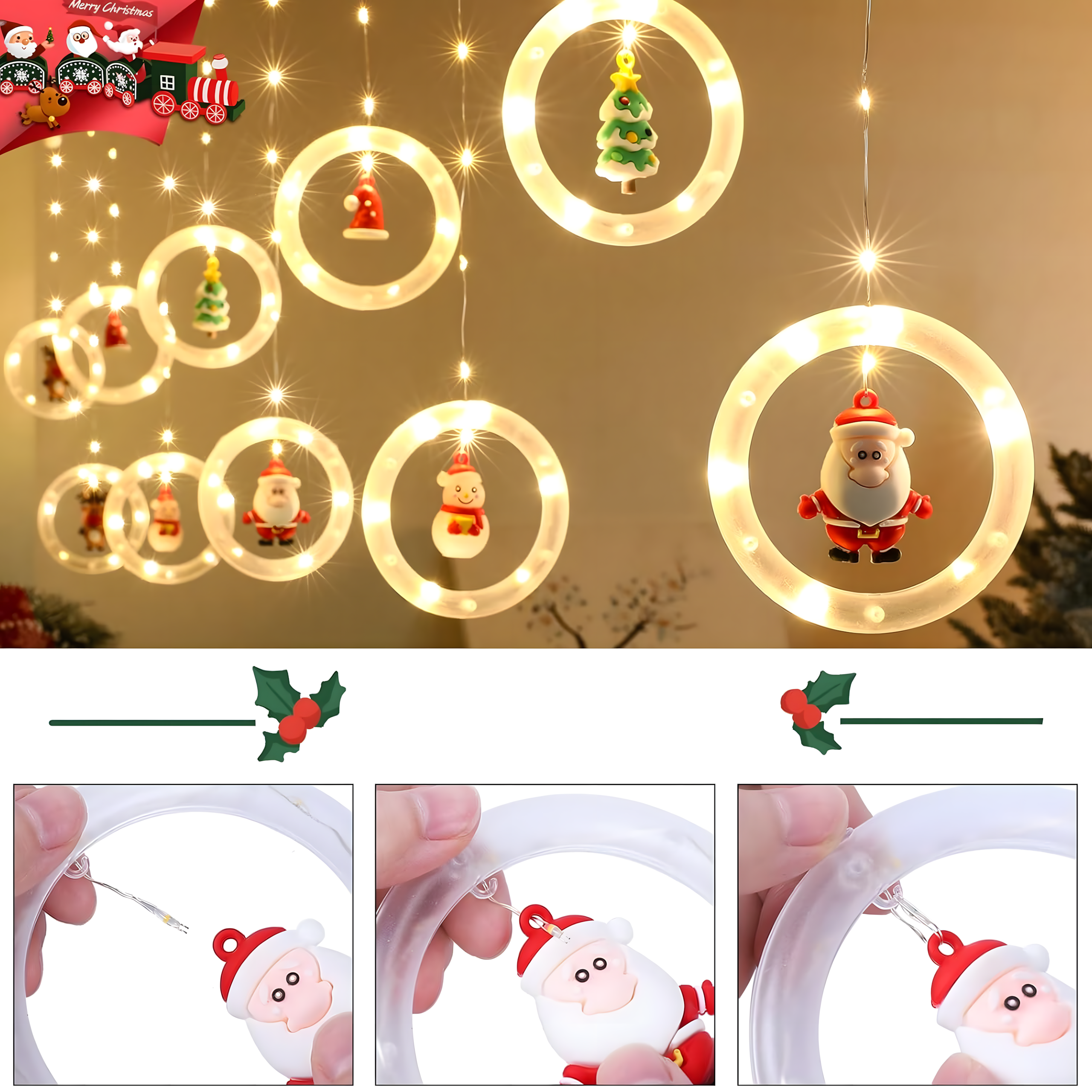 Kurtyna Led Lampki Świąteczne Kółka z Figurkami 10 szt 8 Trybów 110 Led - obrazek 4