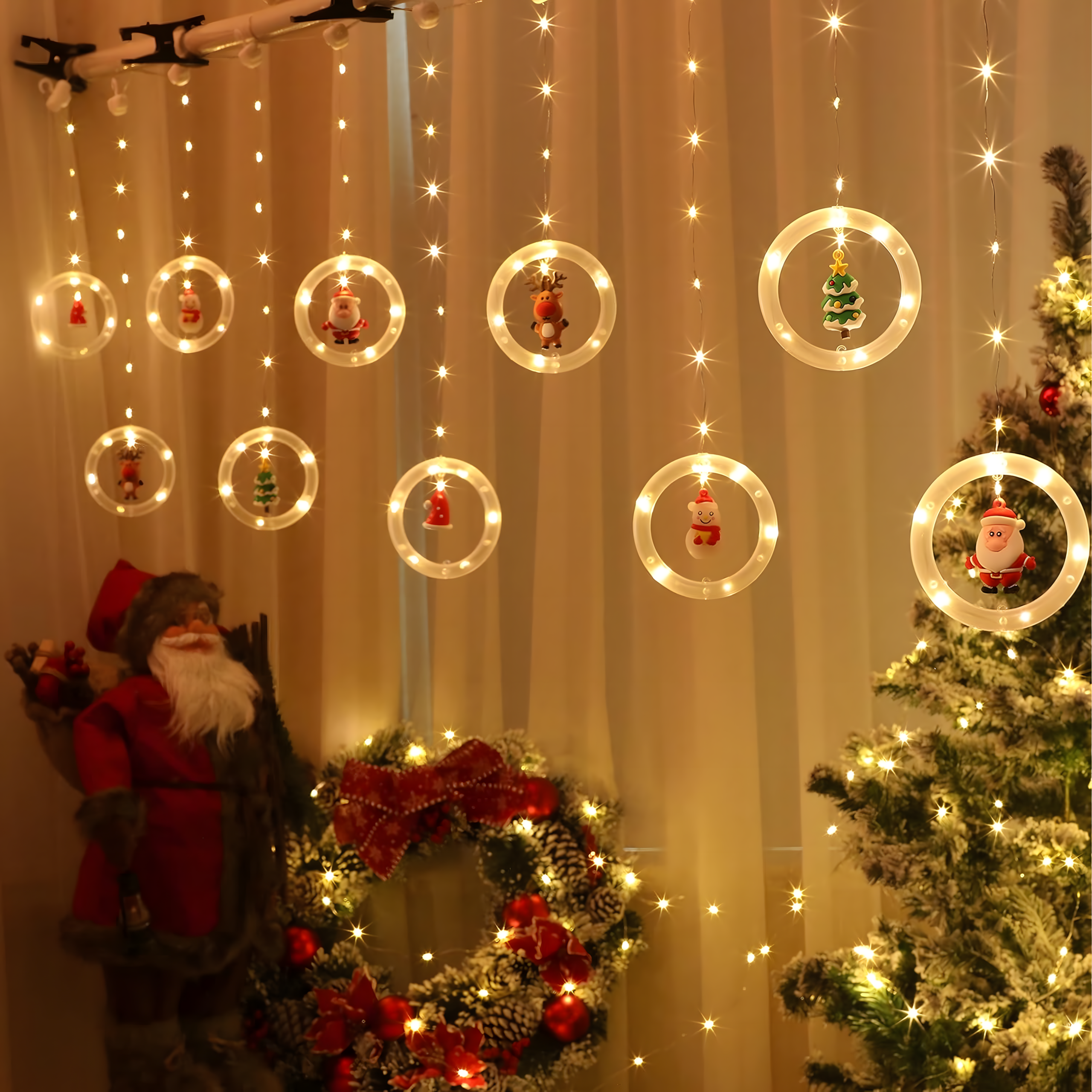 Kurtyna Led Lampki Świąteczne Kółka z Figurkami 10 szt 8 Trybów 110 Led - obrazek 9