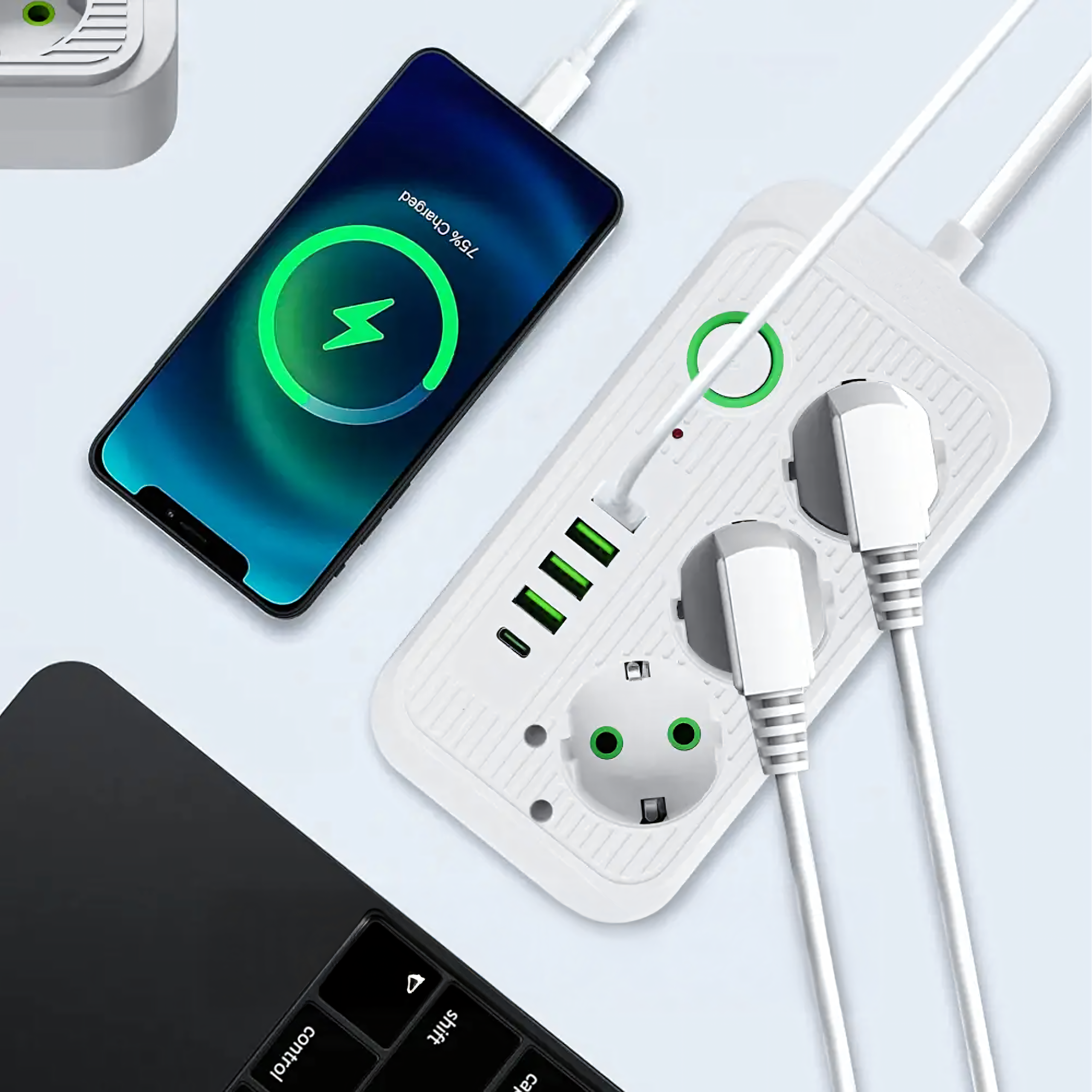 Listwa Zasilająca Przedłużacz Sieć 2m 3 Gniazda 5 x USB Ładowarka Włącznik - obrazek 9