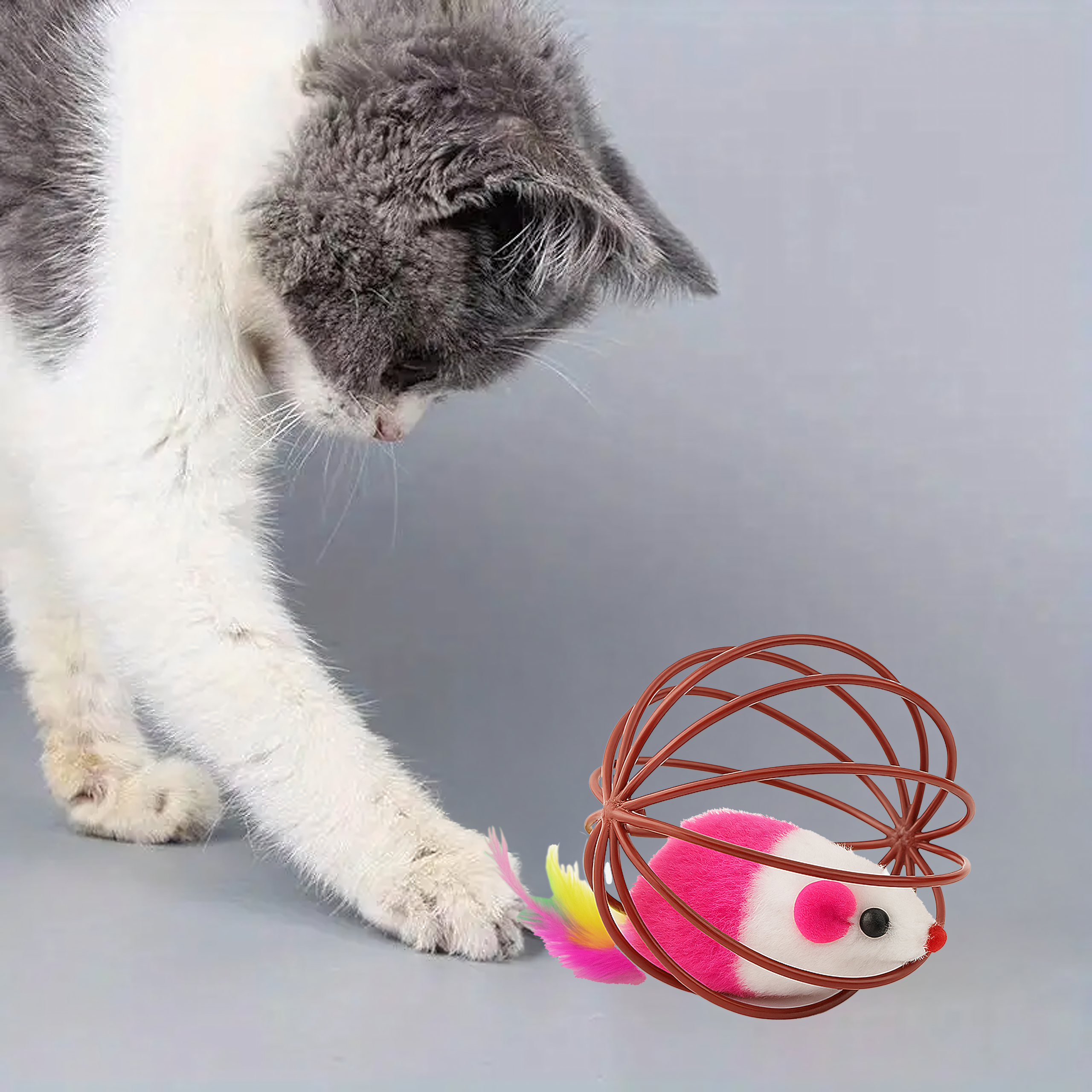Zabawka Piłka dla Kota Interaktywna Myszka Piórka Grzechotka Kula Druciana - obrazek 6