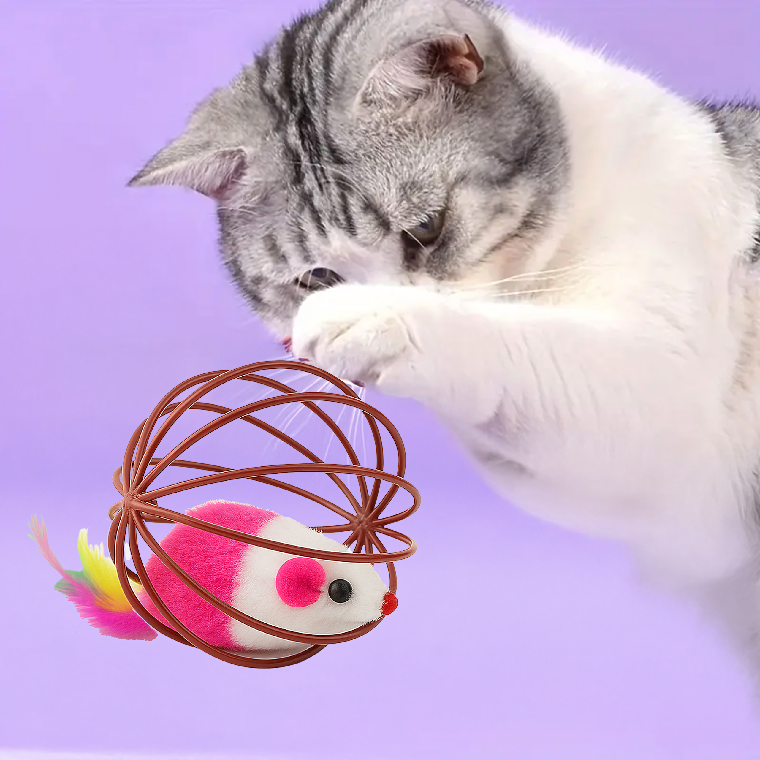 Zabawka Piłka dla Kota Interaktywna Myszka Piórka Grzechotka Kula Druciana - obrazek 8