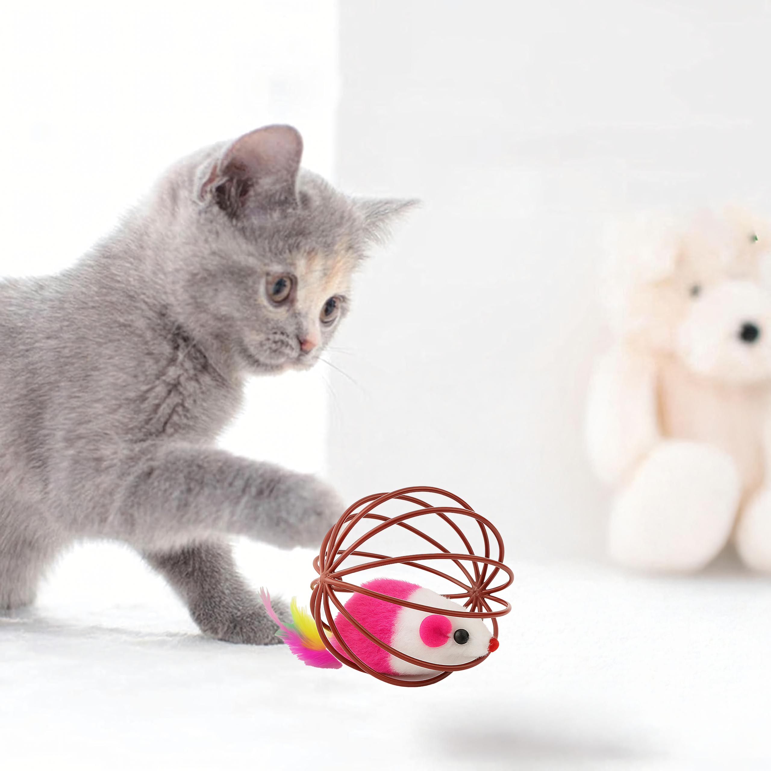 Zabawka Piłka dla Kota Interaktywna Myszka Piórka Grzechotka Kula Druciana - obrazek 9