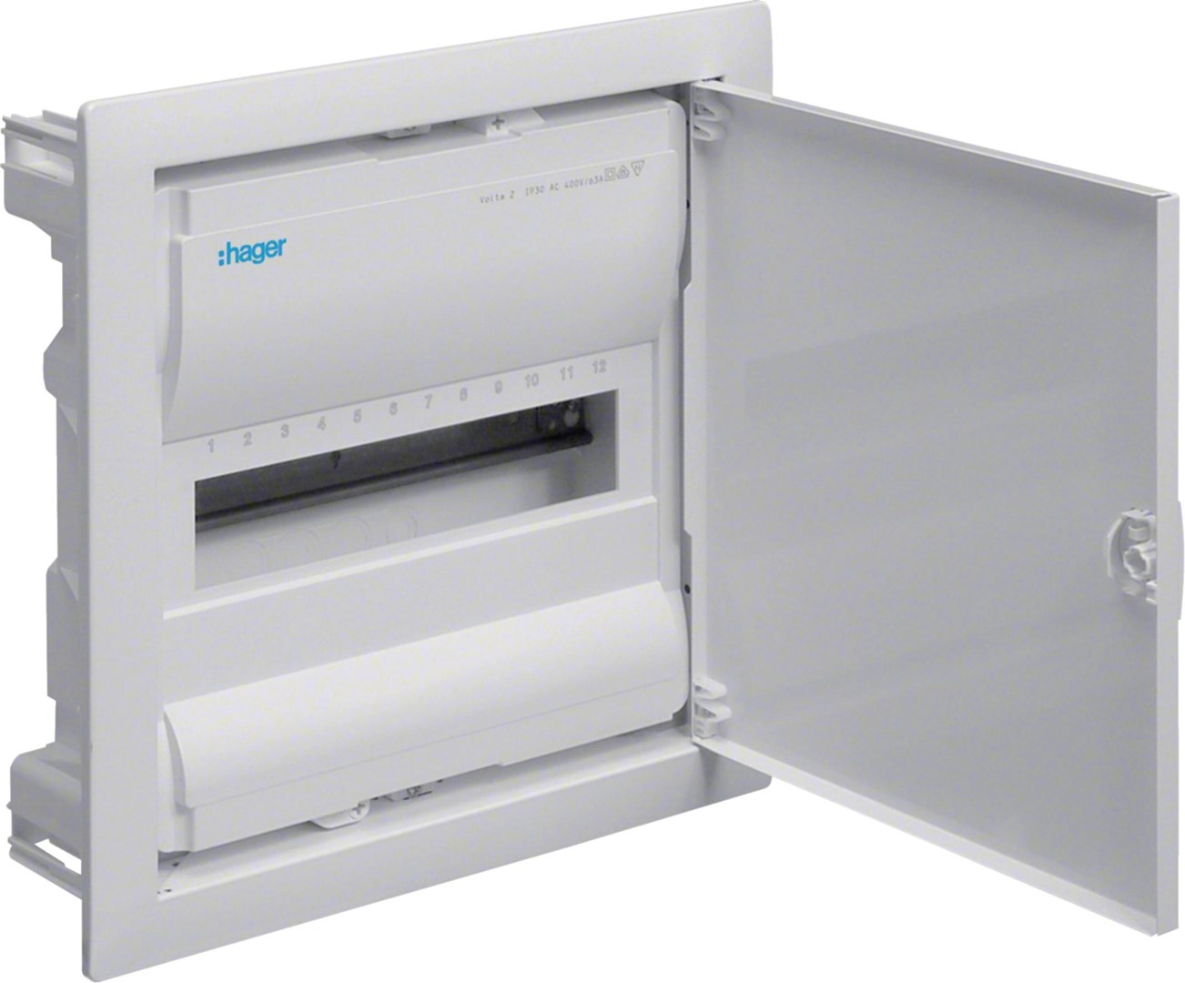 Rozdzielnica podtynkowa z drzwiami metalowymi, 1 rząd, 12 modułów, IP30, QC, HAGER Volta VU12AT