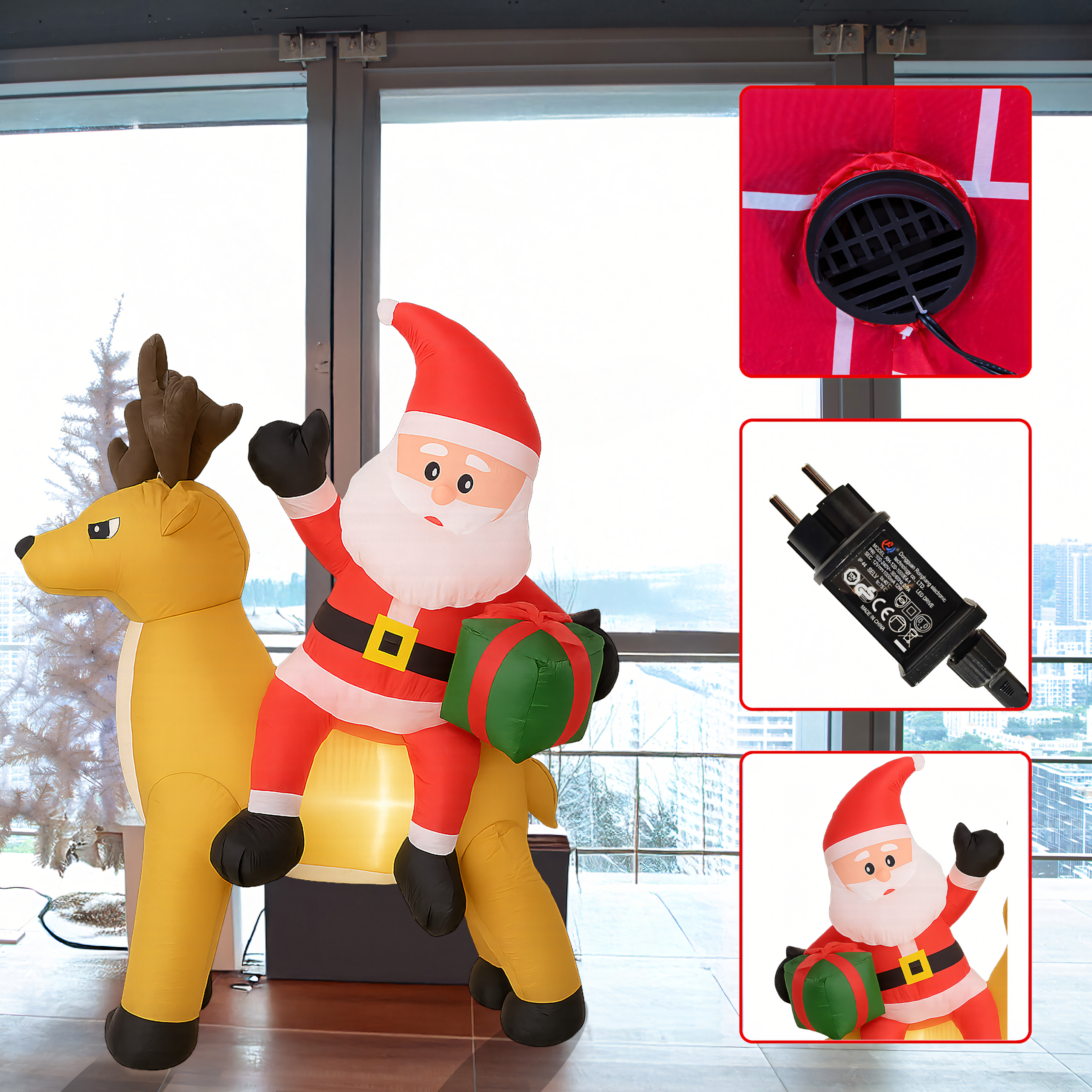 Dmuchany Święty Mikołaj z Reniferm 1,5m Ozdoba Świąteczna Podświetlenie Led - obrazek 10