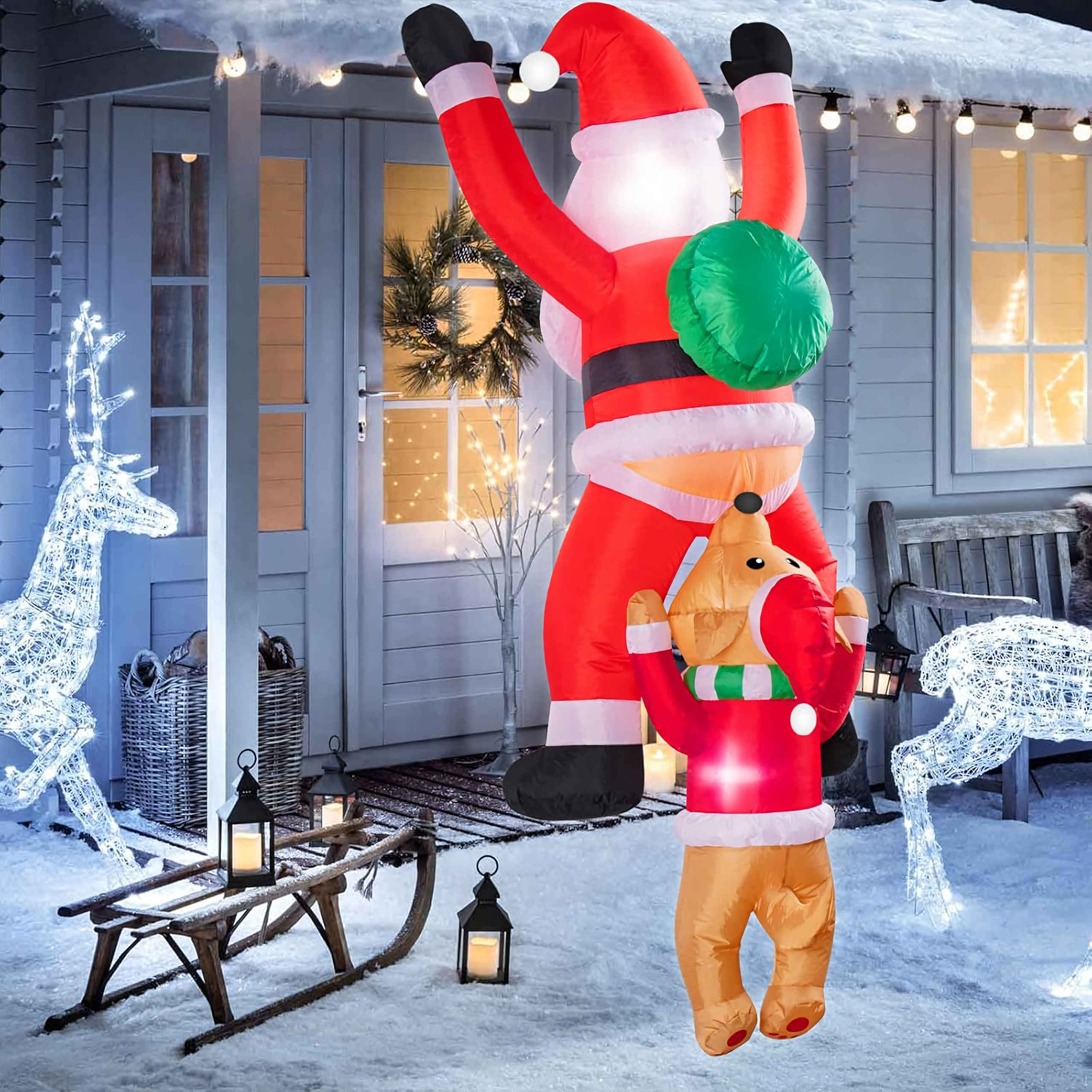 Dmuchany Święty Mikołaj z Reniferm 1,8m Ozdoba Świąteczna Podświetlenie Led - obrazek 3