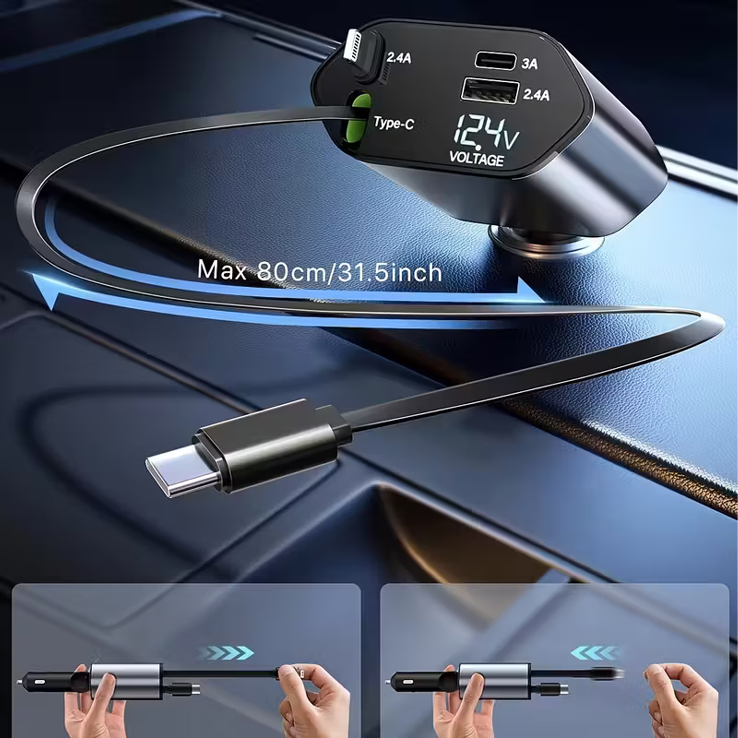 Ładowarka Samochodowa USB C IOS Przegub Zwijak 100W Szybkie Ładowanie 80 cm - obrazek 3