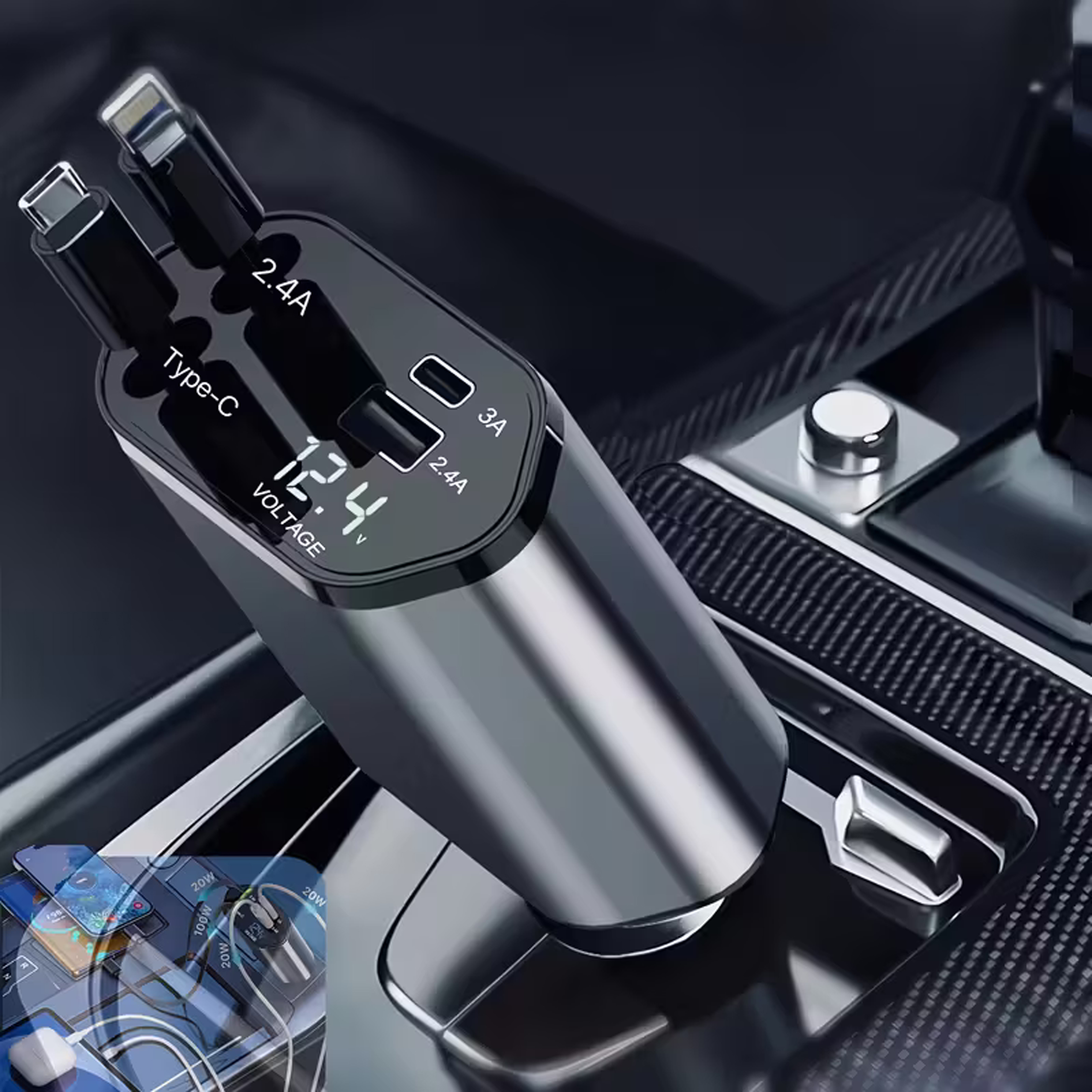 Ładowarka Samochodowa USB C IOS Przegub Zwijak 100W Szybkie Ładowanie 80 cm - obrazek 4