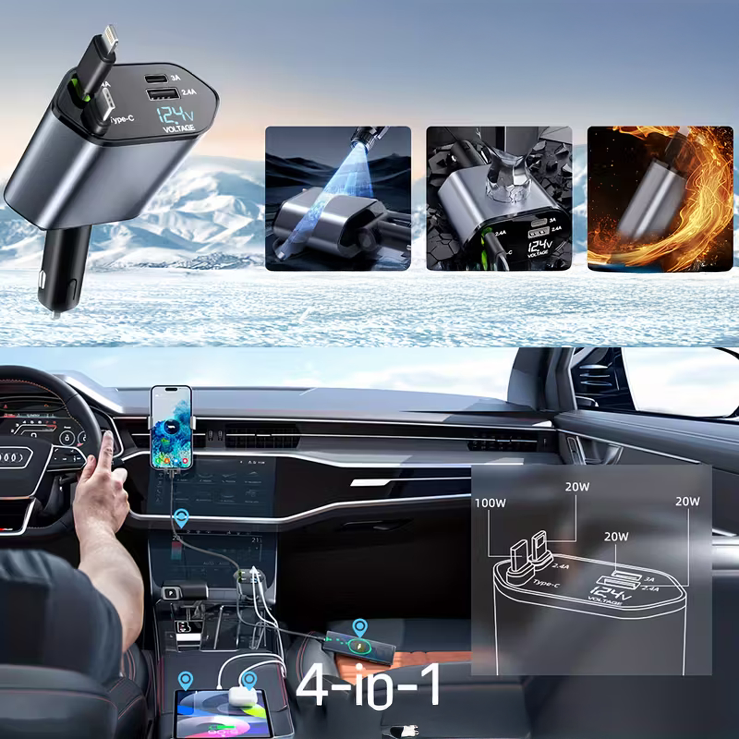 Ładowarka Samochodowa USB C IOS Przegub Zwijak 100W Szybkie Ładowanie 80 cm - obrazek 5