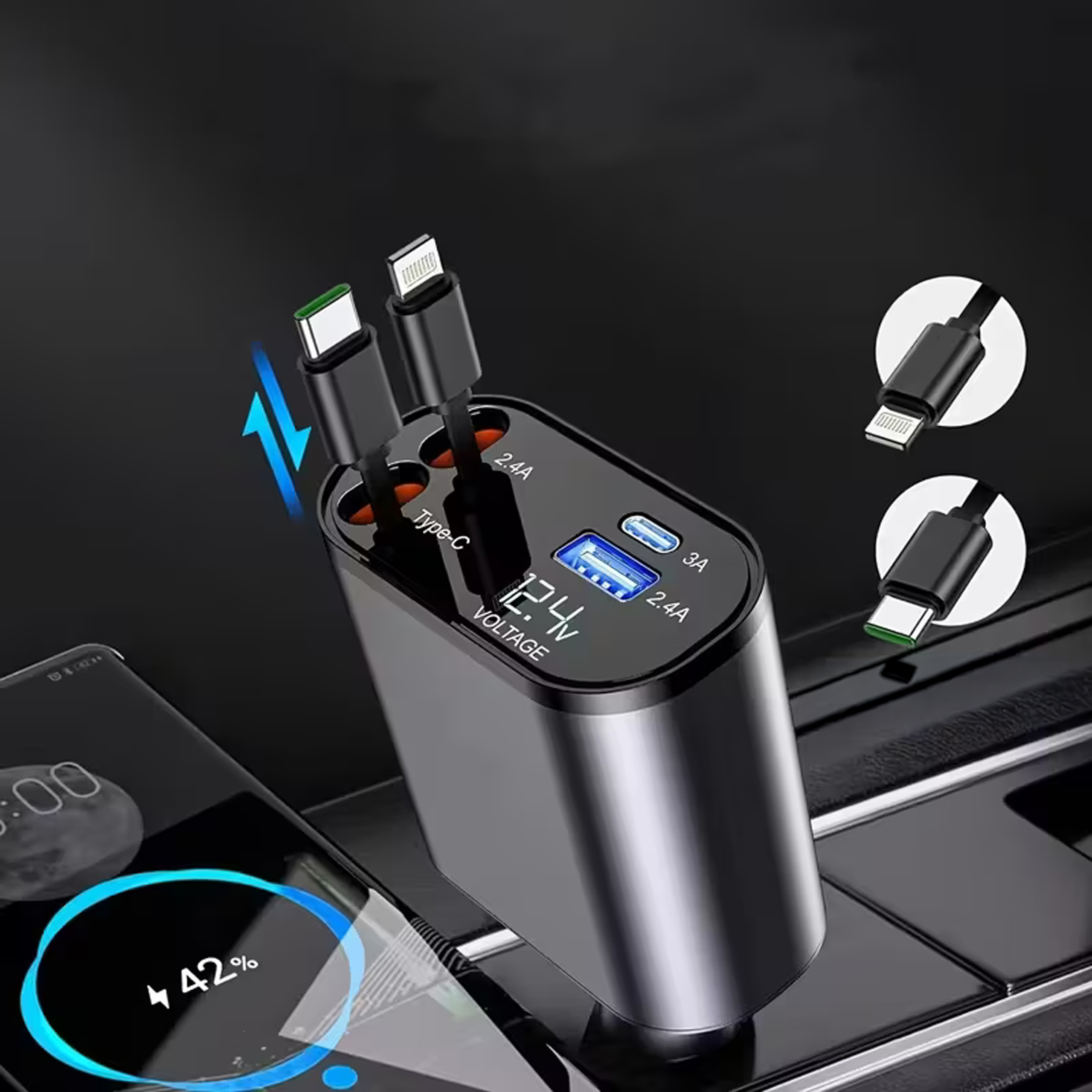 Ładowarka Samochodowa USB C IOS Przegub Zwijak 100W Szybkie Ładowanie 80 cm - obrazek 6