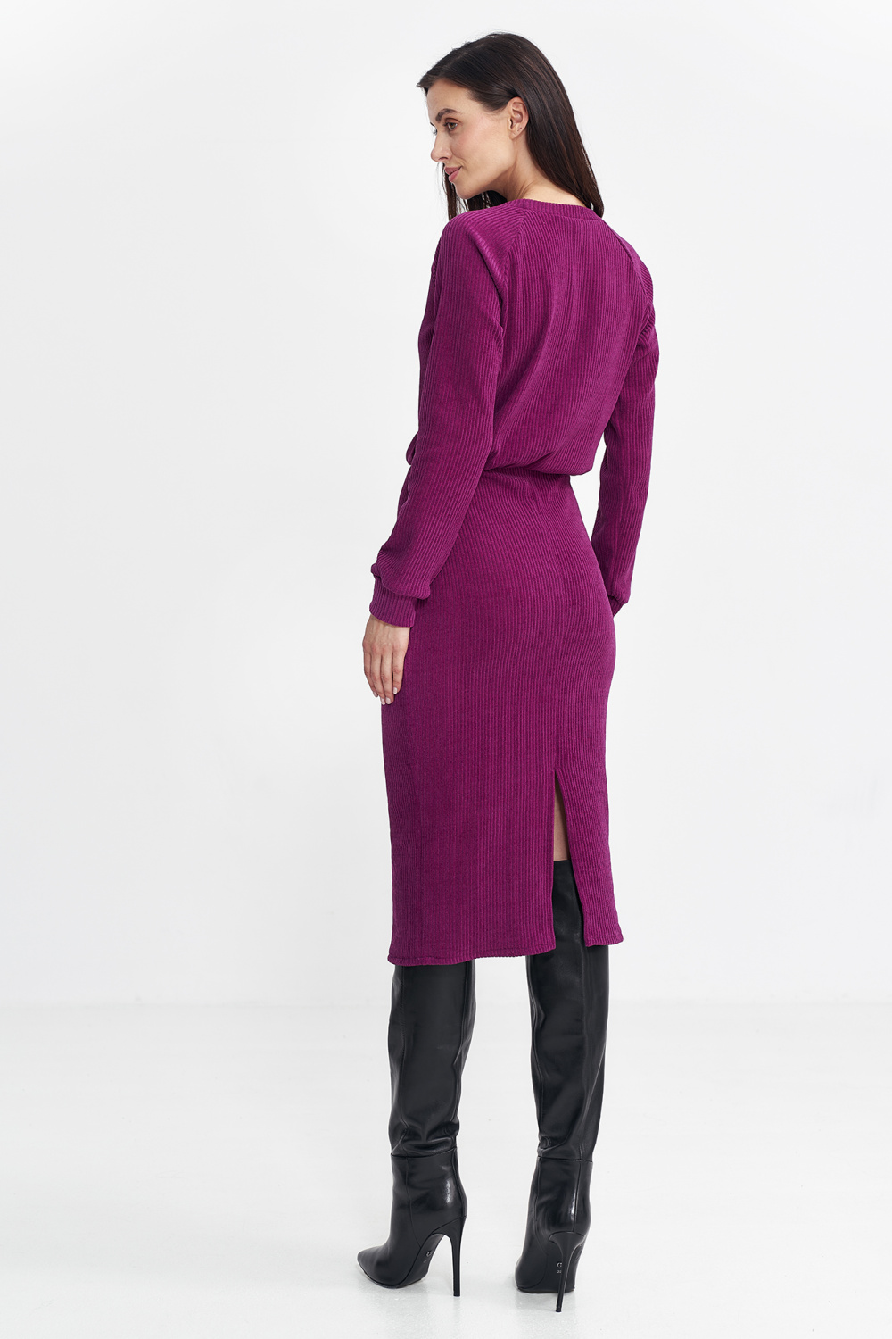 Sukienka z dzianiny prążkowanej z długim rękawem S260 Puprpura - Nife - obrazek 4