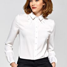 Delikatna bluzka ecru z marszczeniem przy kołnierzyku B131 Ecru – Nife