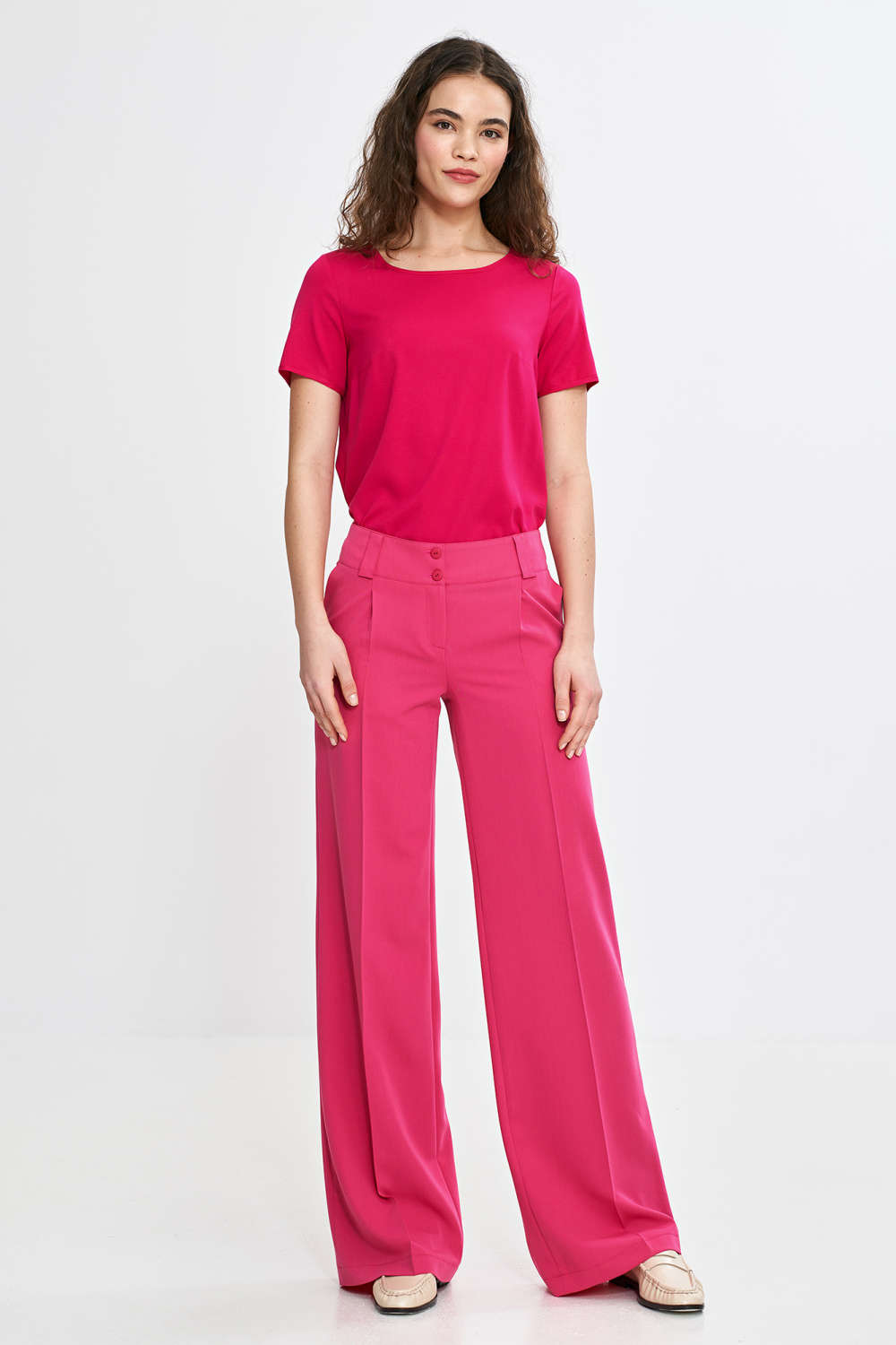 Spodnie wide leg z kantem SD112 Pink - Nife - obrazek 3