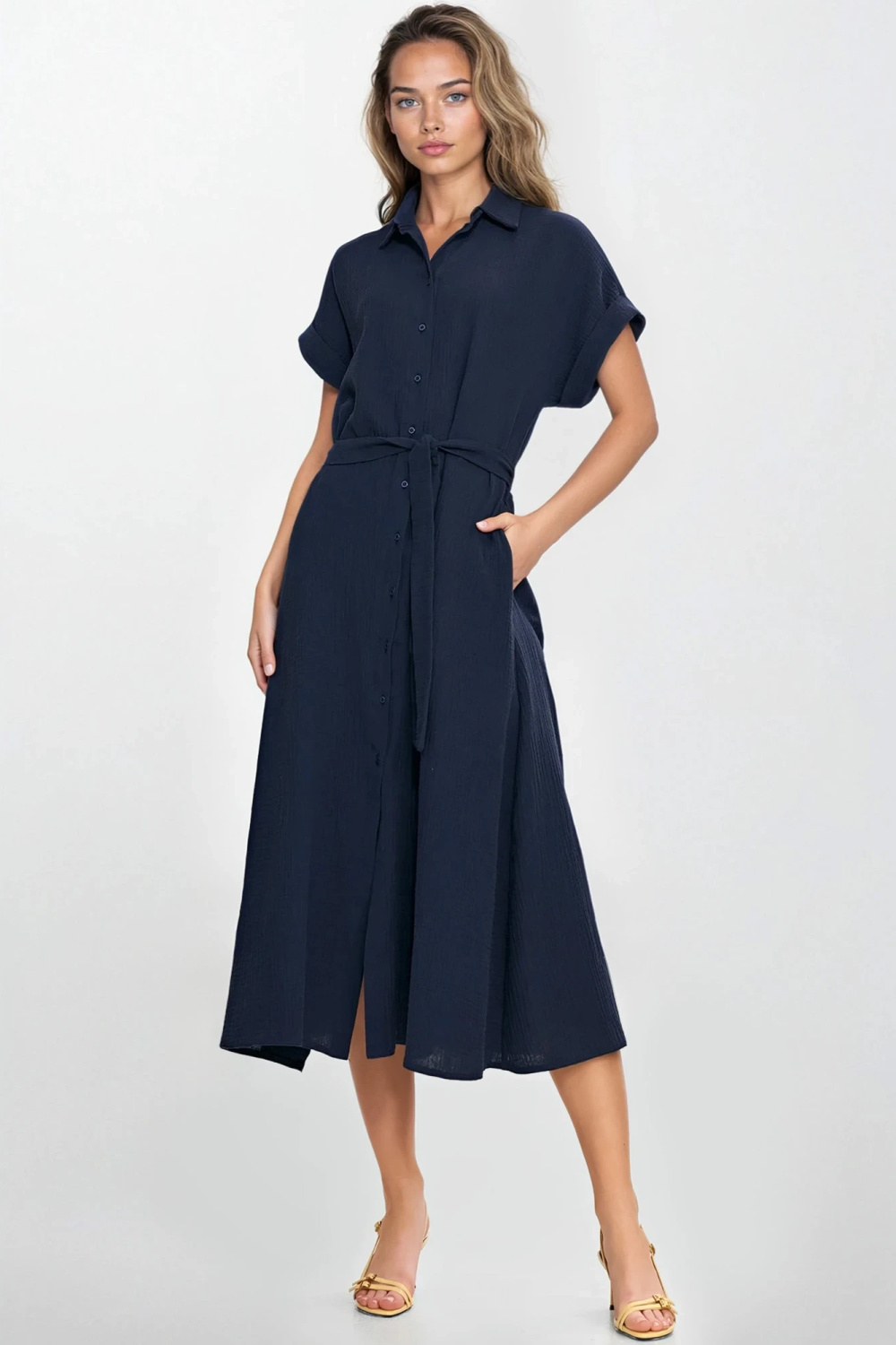 Sukienka Bawełniana muślinowa sukienka koszulowa S269 Navy - Nife - obrazek 3