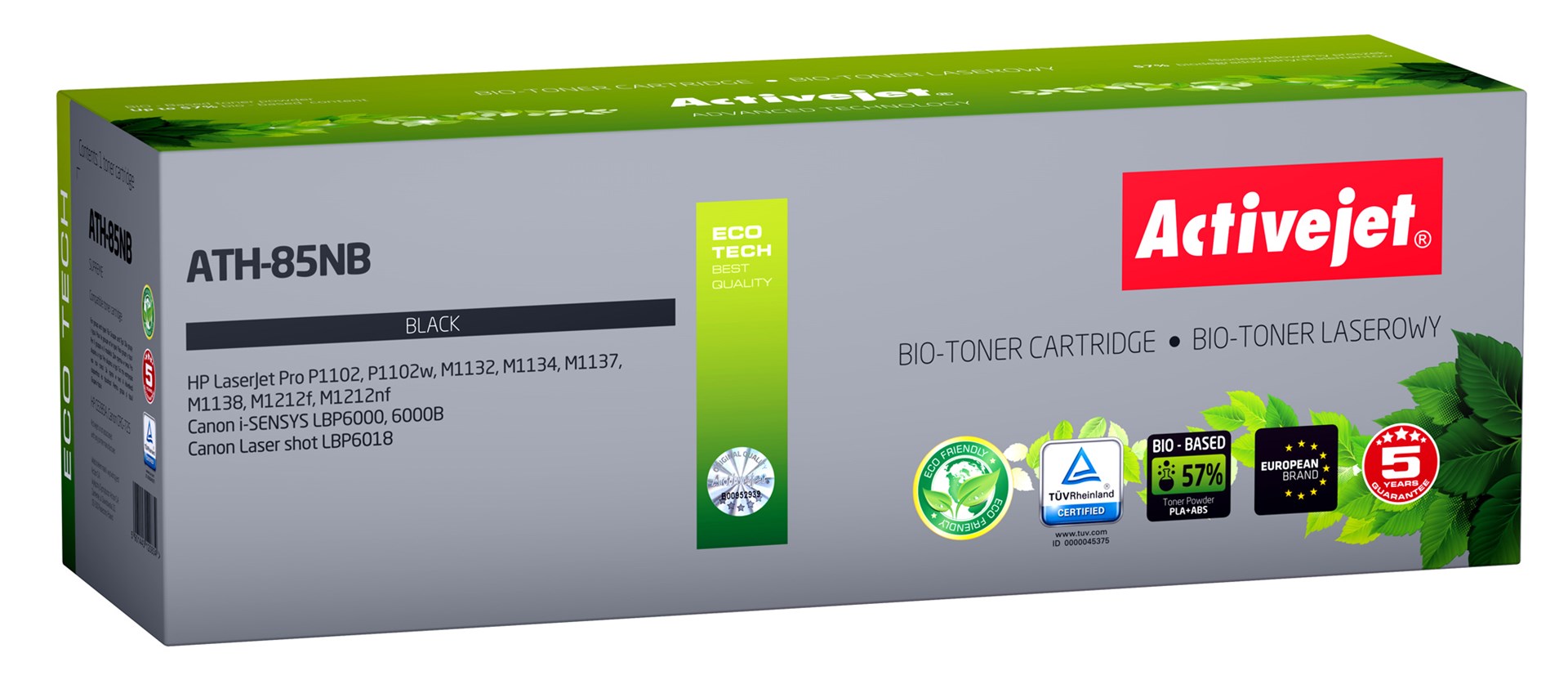 BIO Activejet ATH-85NB Toner (zamiennik HP 85A CE285A, Canon CRG-725; Supreme; 2000 stron; czarny). ECO Toner. Proszek w tonerze jest biodegradowalny. 57% Tonera jest pochodzenia biologicznego.
