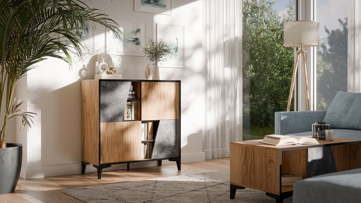 Regał 4D OVO 90x38xH90 dąb/beton - obrazek 4