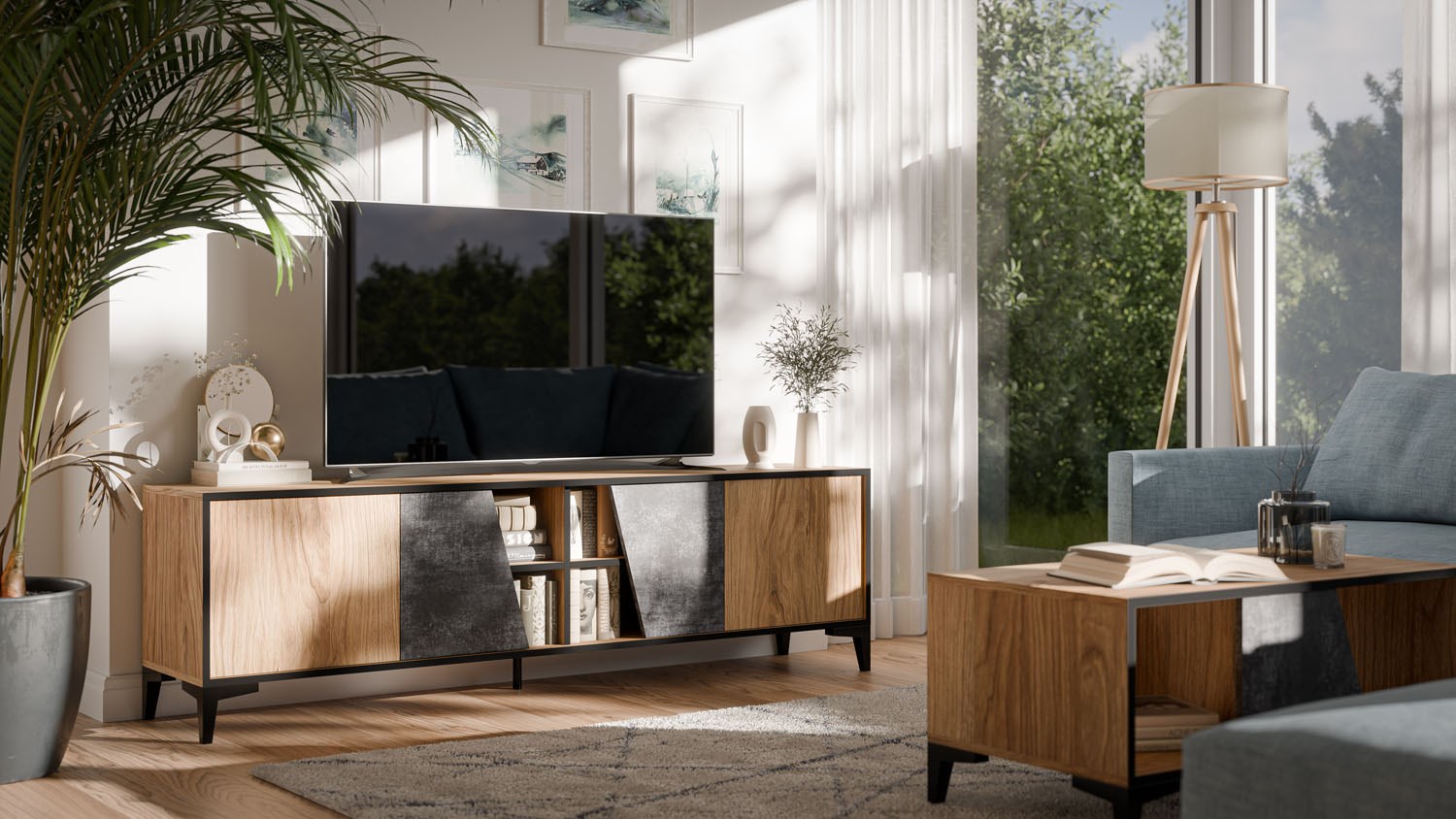 Szafka RTV 4D OVO 180x38xH53 dąb/beton - obrazek 4