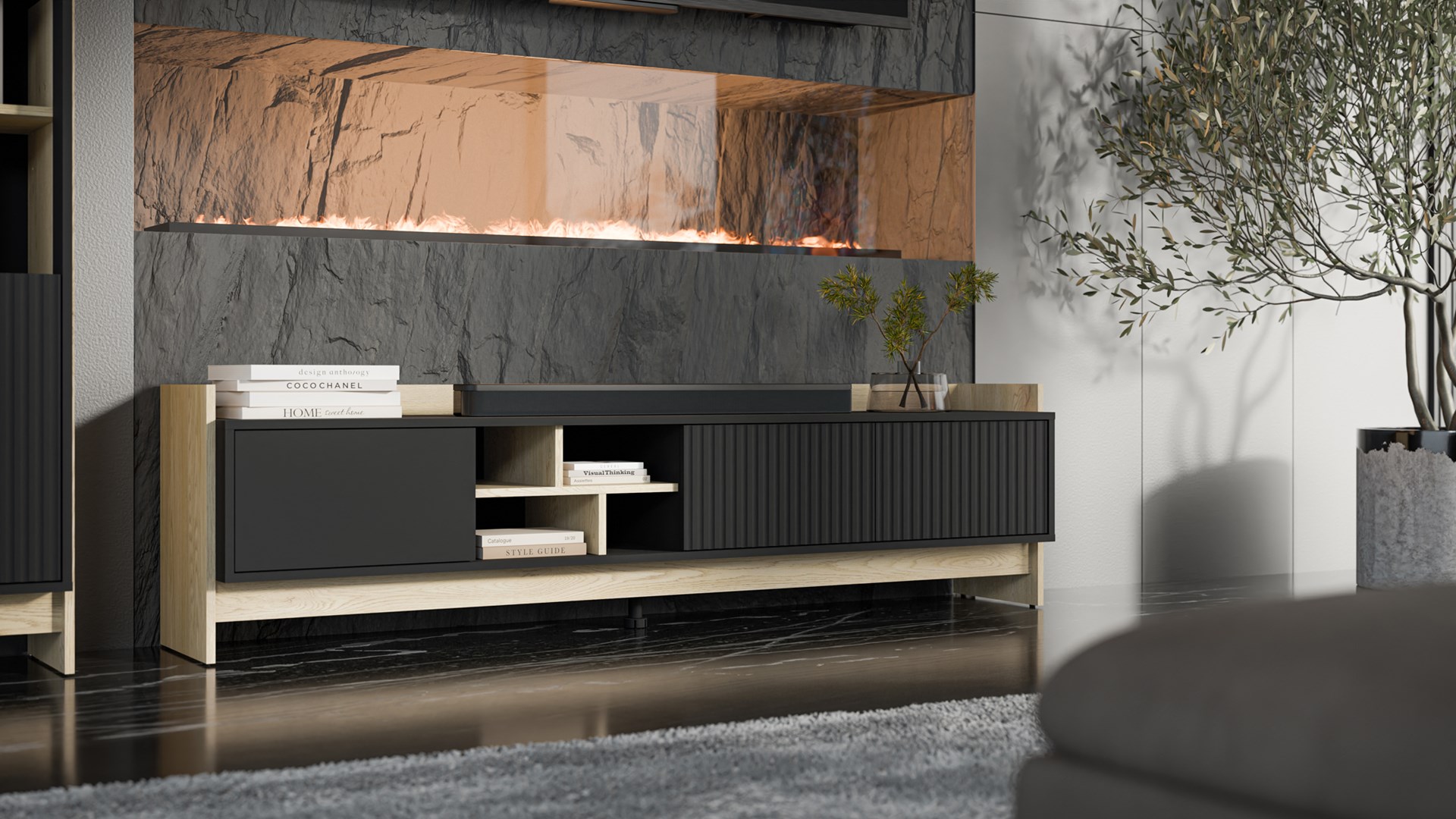 Szafka RTV PORTO 3D 190x38x50 dąb/czarny - obrazek 4