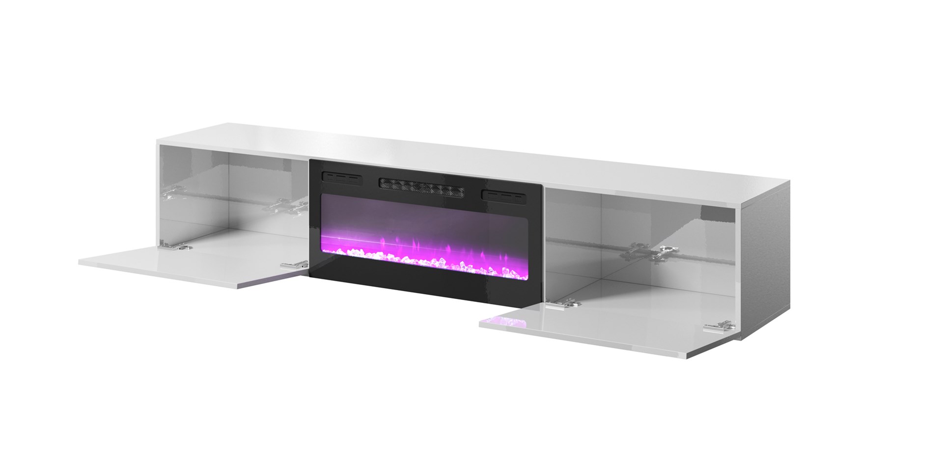 Szafka RTV SLIDE 200K z kominkiem elektrycznym 200x40xH37 cała w białym połysku - obrazek 3