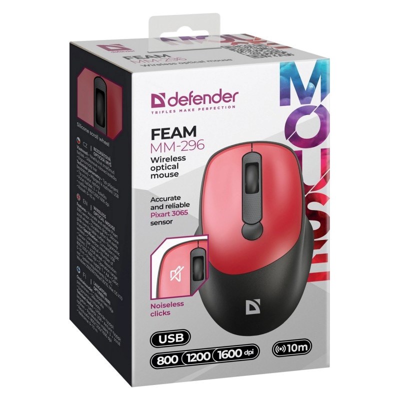 DEFENDER MYSZ FEAM MM-296 RF SILENT CZERWONA - obrazek 3
