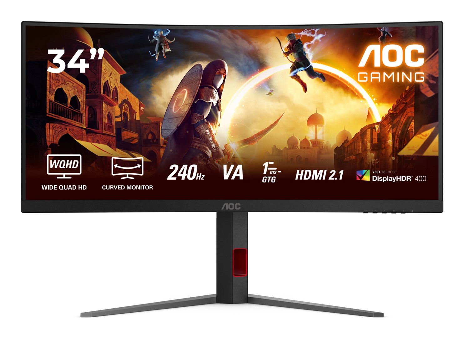 Monitor AOC CU34G4Z 34-calowy, Szybkie VA, WQHD 21:9, 240 Hz, 1 ms, 3440 x 1440 pikseli, 450 cd/m2, ilość portów HDMI: 2, kolor czarny