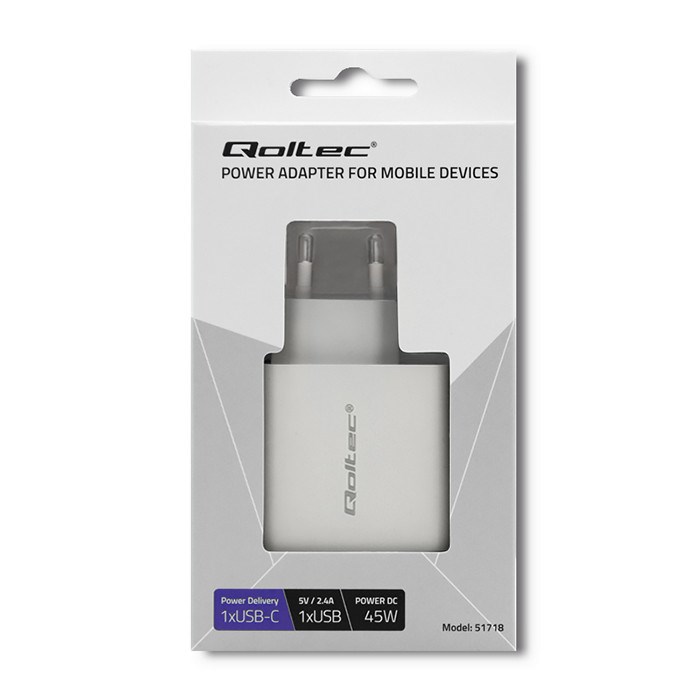 QOLTEC ŁADOWARKA SIECIOWA 45W | 5-20V | 2.4-3A | USB TYP C PD | USB | BIAŁA - obrazek 3