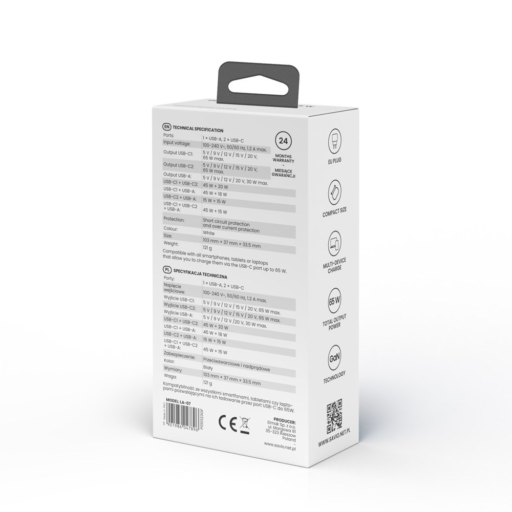 SAVIO ŁADOWARKA SIECIOWA GAN 65W BIAŁA LA-07 - obrazek 3