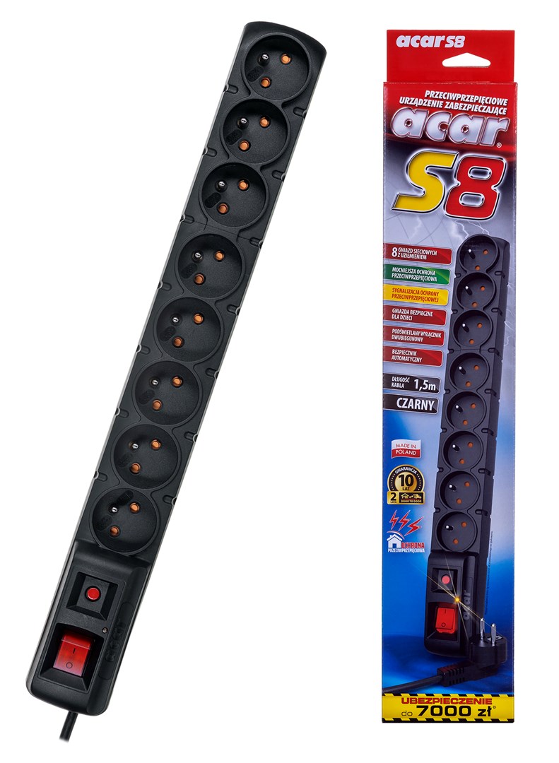 Listwa przeciwprzepięciowa HSK DATA ALP-ACARS8---0N (8 x UTE; 10 A; 1,5m; kolor czarny)