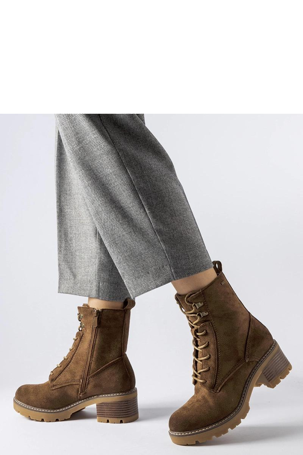 Brązowe wiązane botki na klocku Clementina - Solea - obrazek 2