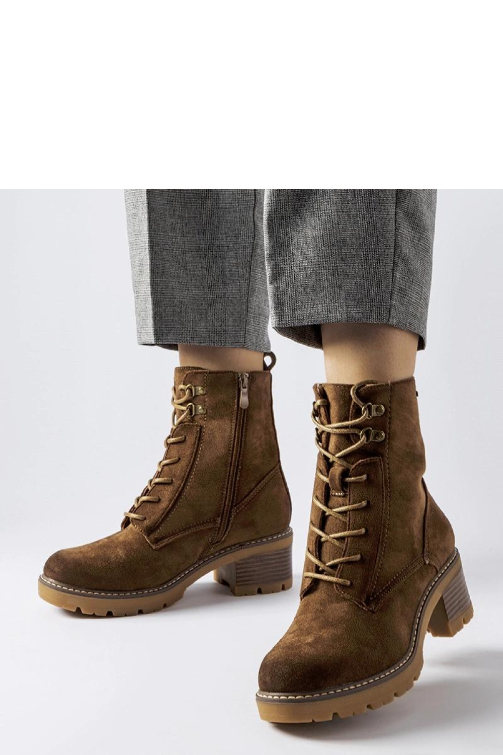Brązowe wiązane botki na klocku Clementina - Solea - obrazek 3