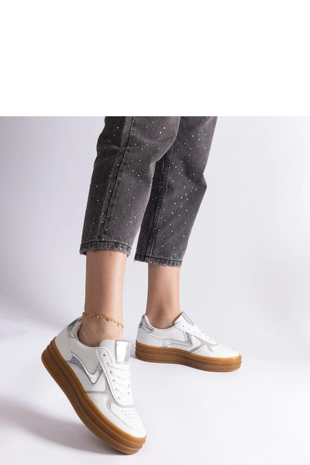 Biało-srebrne sneakersy na gumowej podeszwie Quica - Solea - obrazek 4
