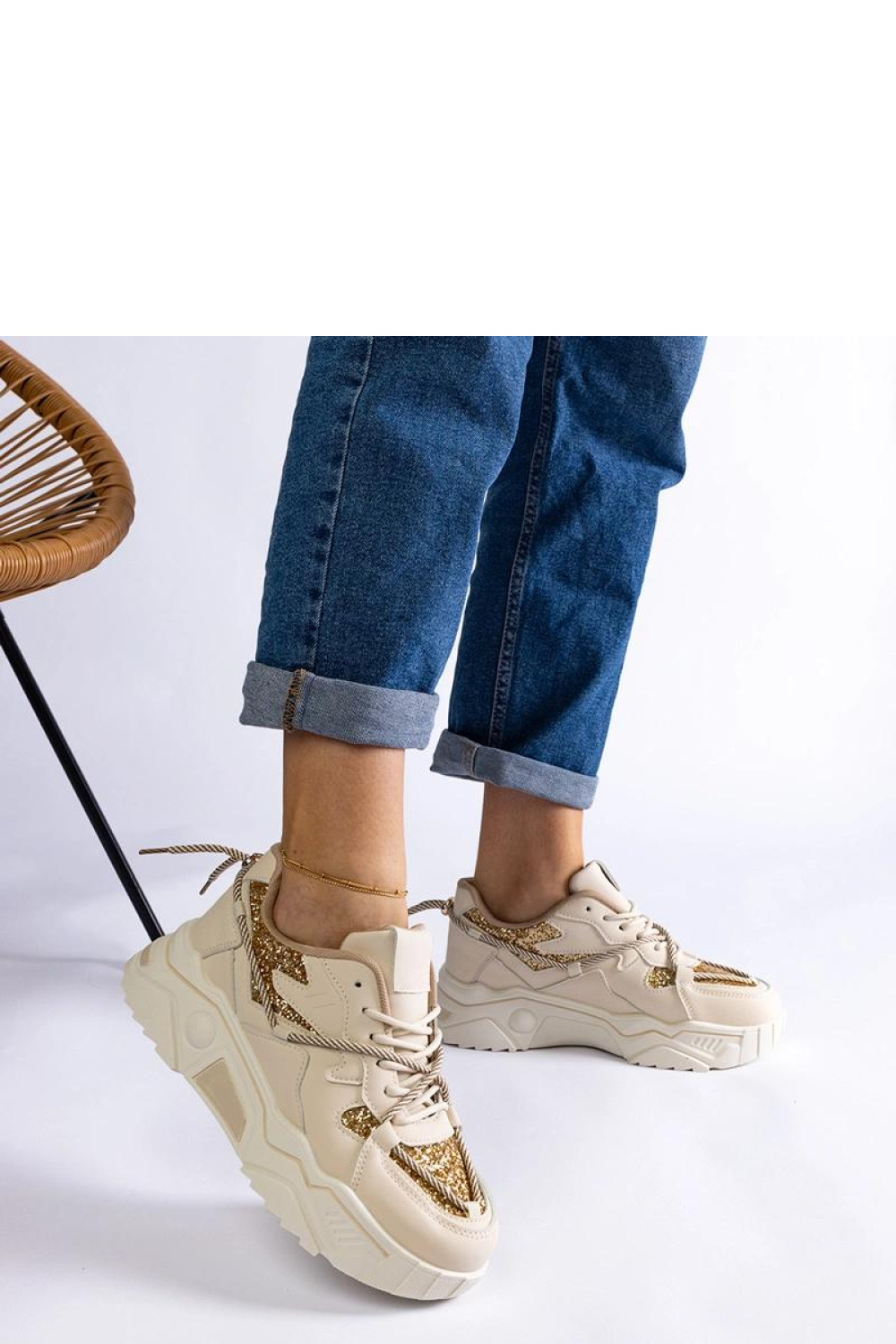 Beżowe sneakersy damskie z brokatem Agar - Solea - obrazek 2