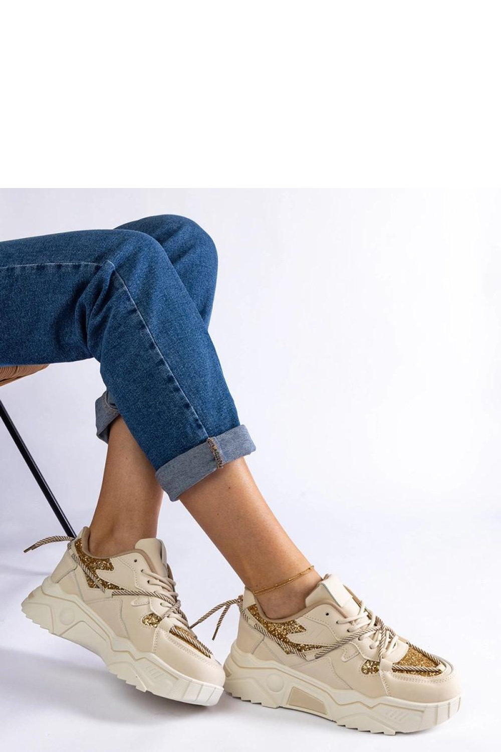 Beżowe sneakersy damskie z brokatem Agar - Solea - obrazek 3