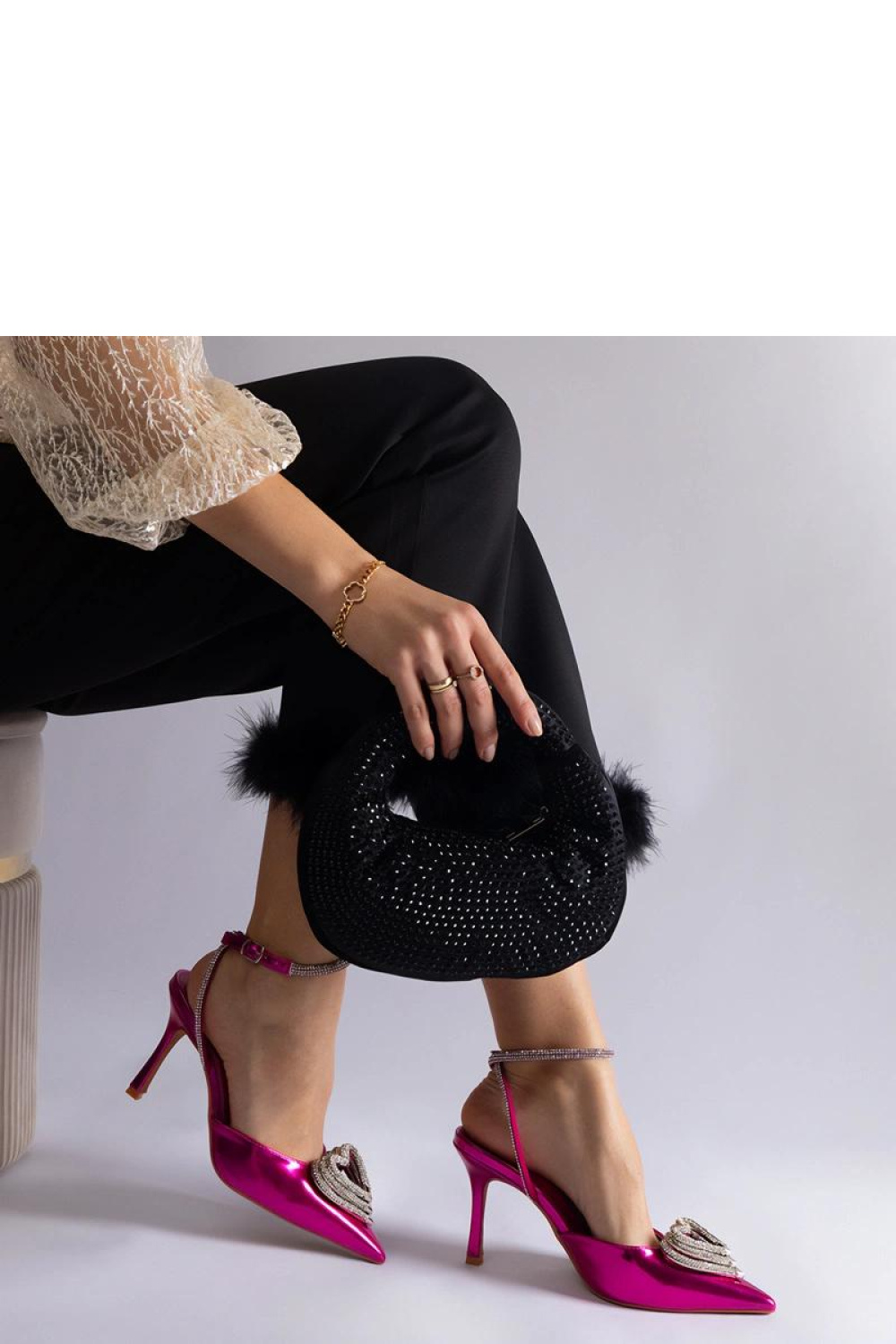 Różowe szpilki z odkrytą pięta zdobione cyrkoniami Isoda - Solea - obrazek 5